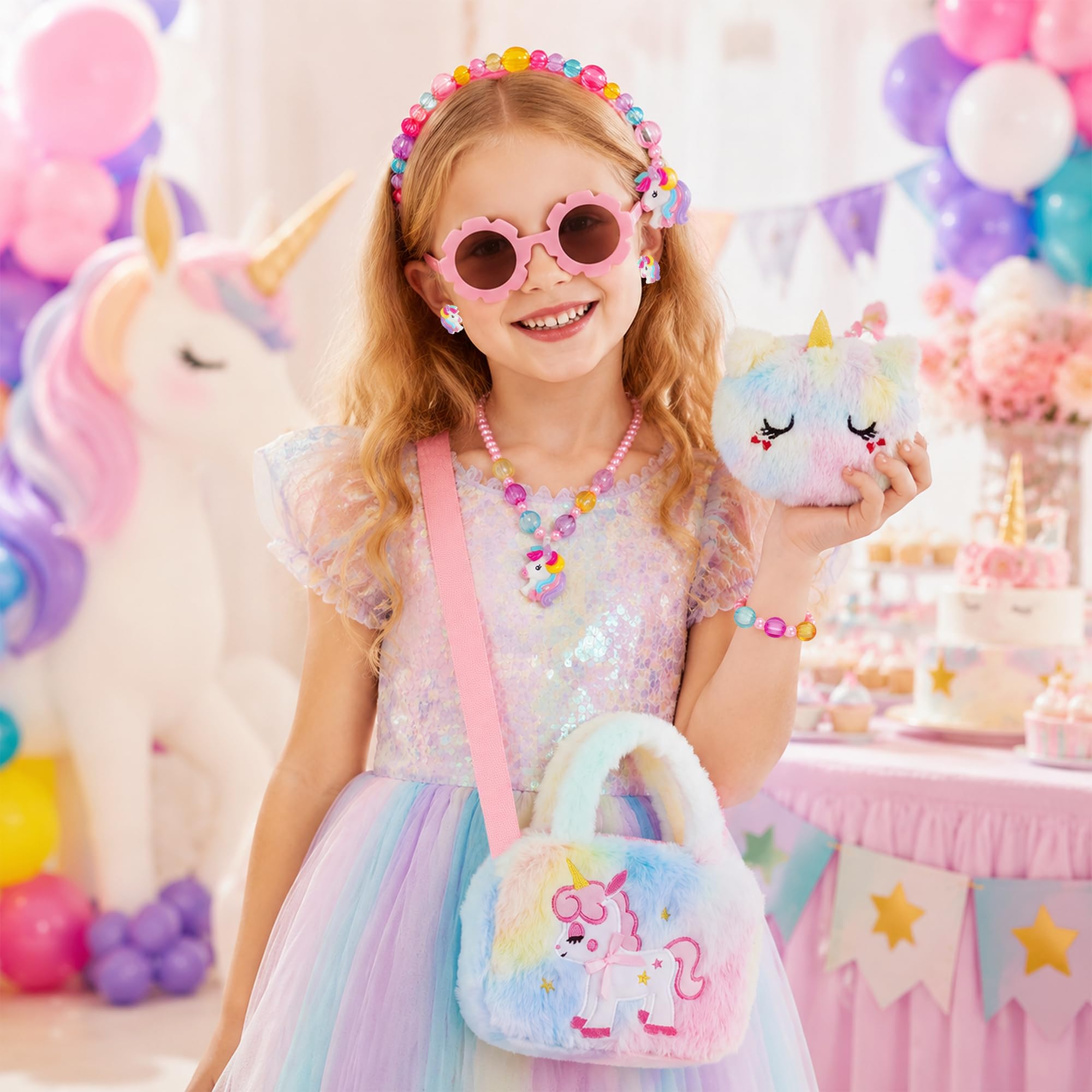 Einhorn Handtasche Schmuckset für Mädchen - Umhängetasche mit Kinderschmuck, Sonnenbrille, Tattoos, Haarspange, Geldbörse und Schlafmaske, Einhorn Geschenk für Mädchen 2-8 Jahre