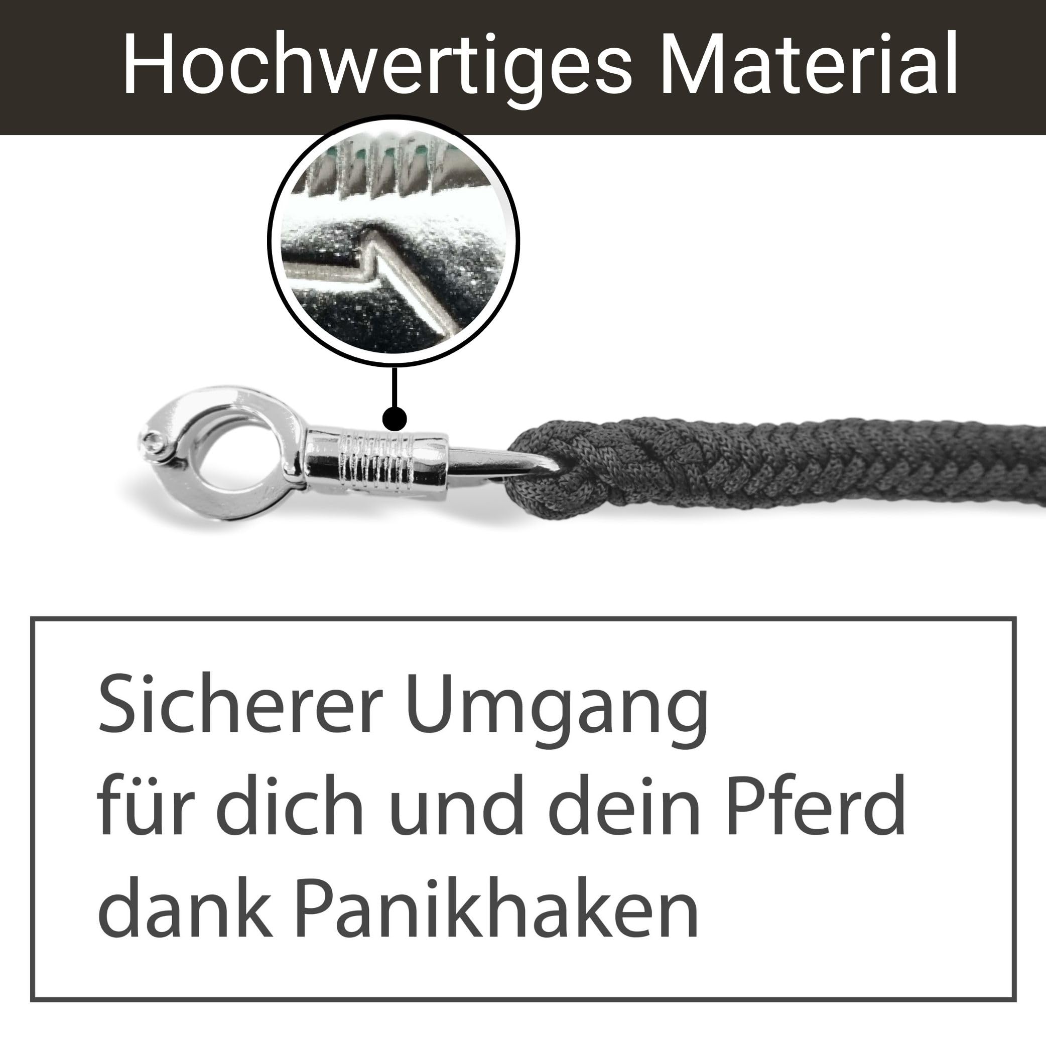 Cuerda para caballos con gancho de pánico estable, longitud 2 m, muchos colores (negro y negro)