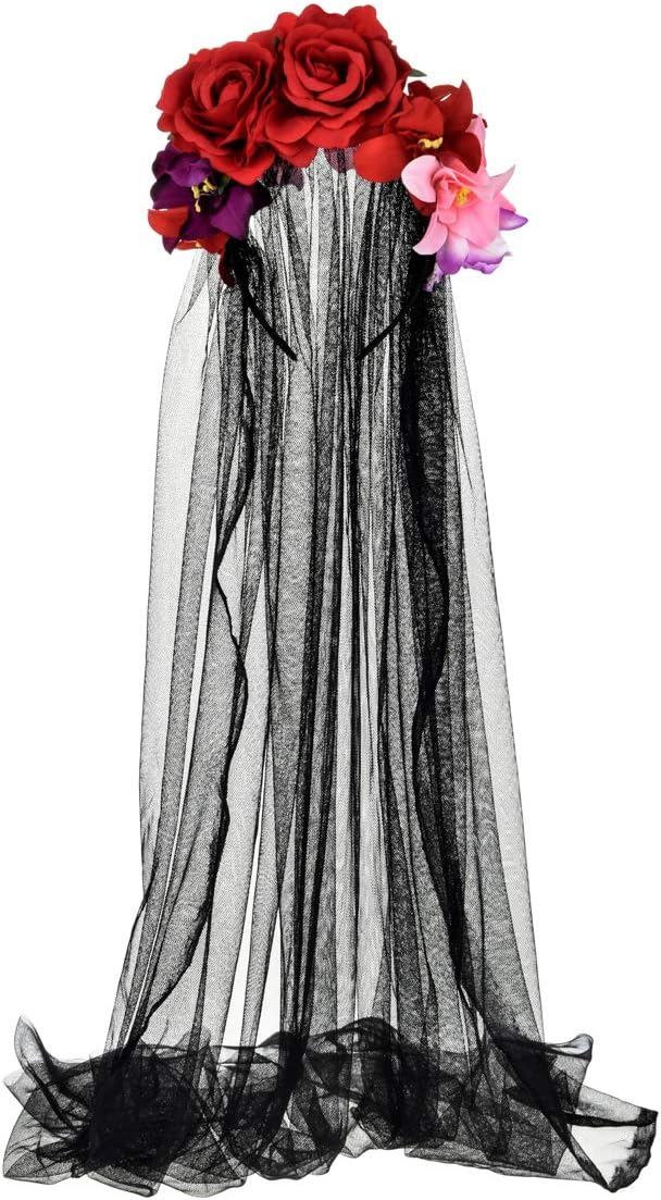 Merroyal Women's Dia de los Muertos Rose Flower Costume Headpiece Halloween Day of The Dead Costume Headband