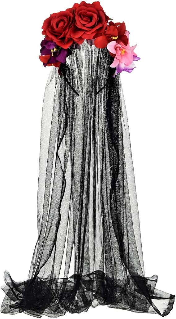 Merroyal Women's Dia de los Muertos Rose Flower Costume Headpiece Halloween Day of The Dead Costume Headband