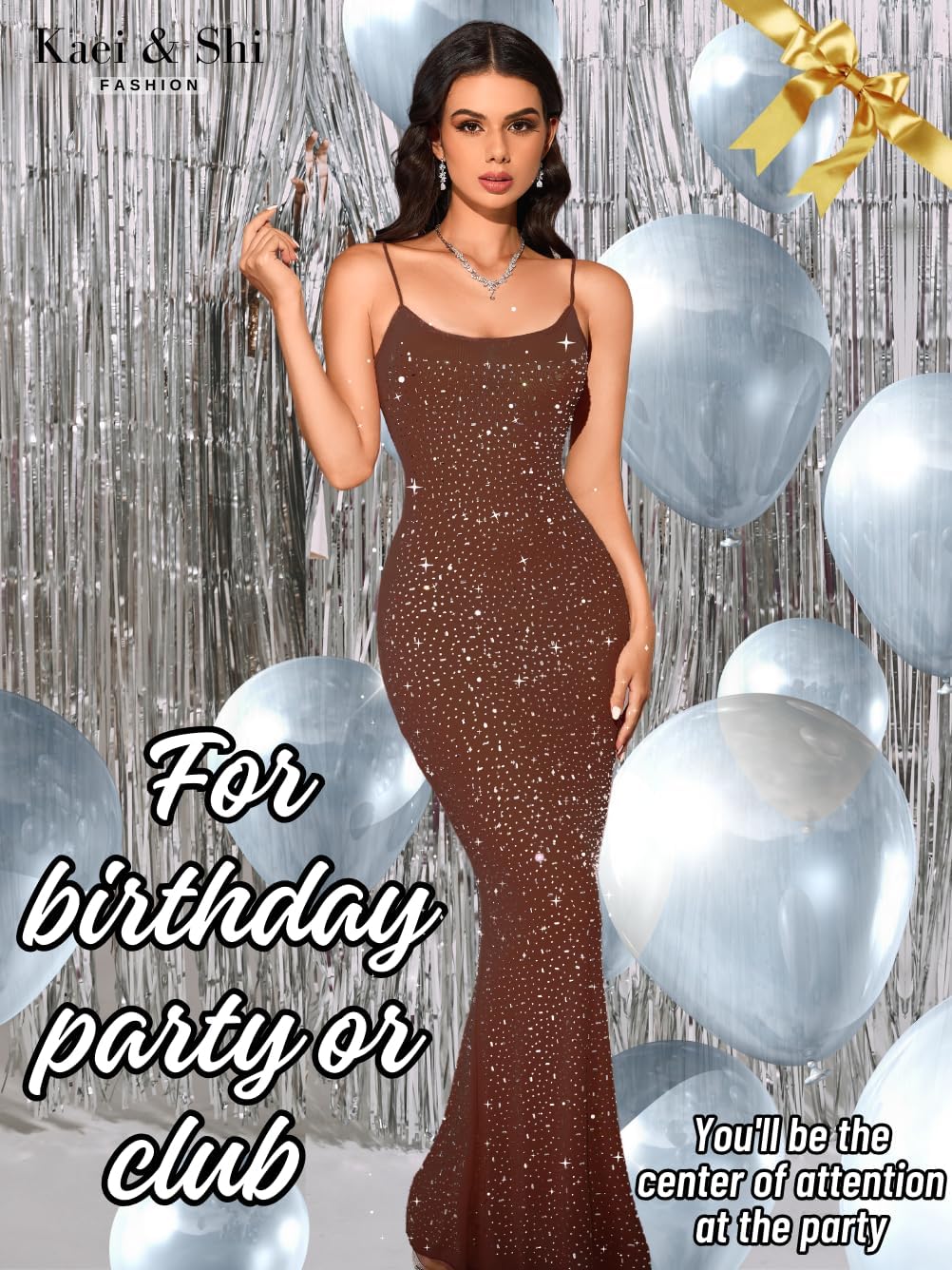 Kaei&Shi Rhinestone Mesh Dress,Glitter Sparkly Embellished Sheer Maxi Dresses,Sexy Birthday Outfit for Women Cocktail Party - Image 5