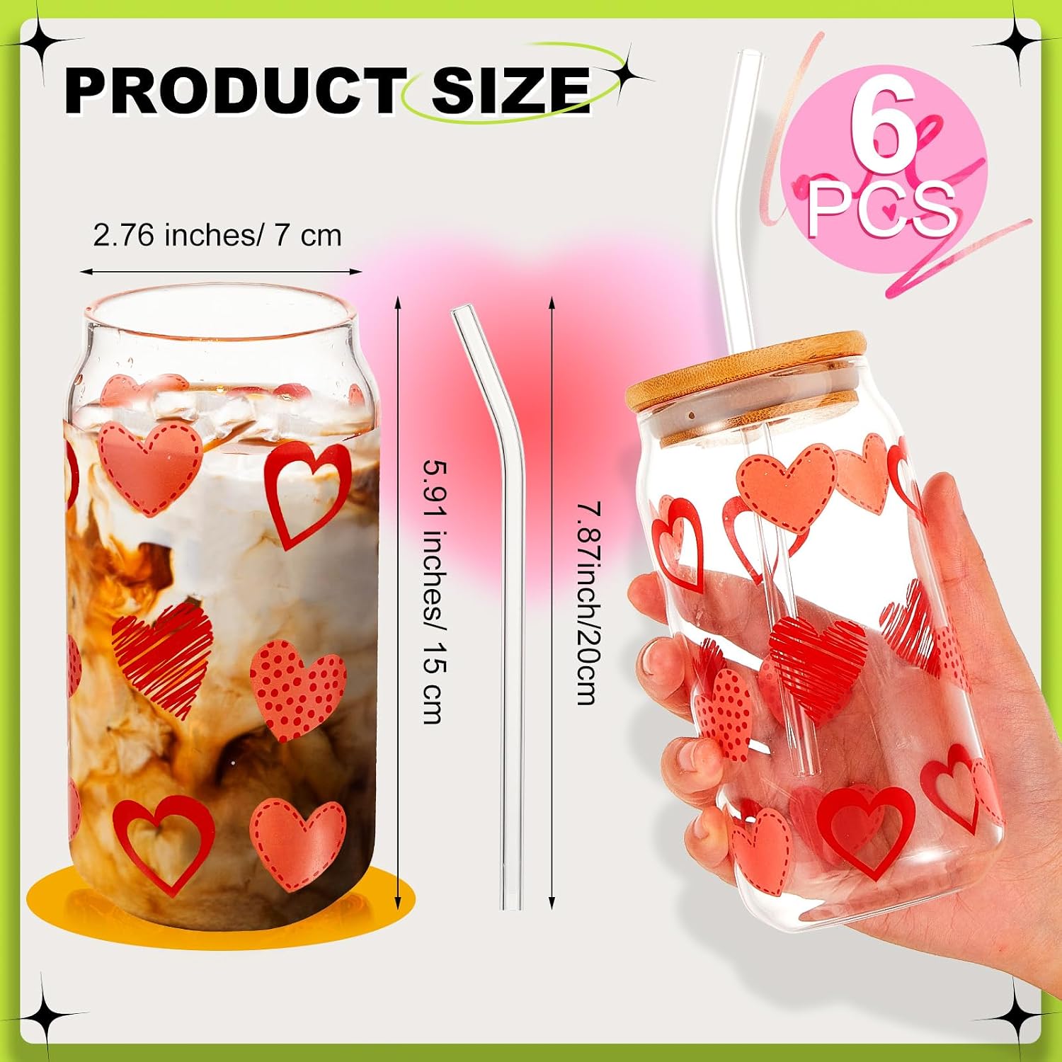 Suclain 6 Pcs Valentine's Day Glass Cups with Bamboo Lids and Straws Beer Can Drinking Glasses Set Decorative Heart Iced Coffee Cup Tumbler Clear Drinking Jars Gift for Valentine's Day (16 oz)