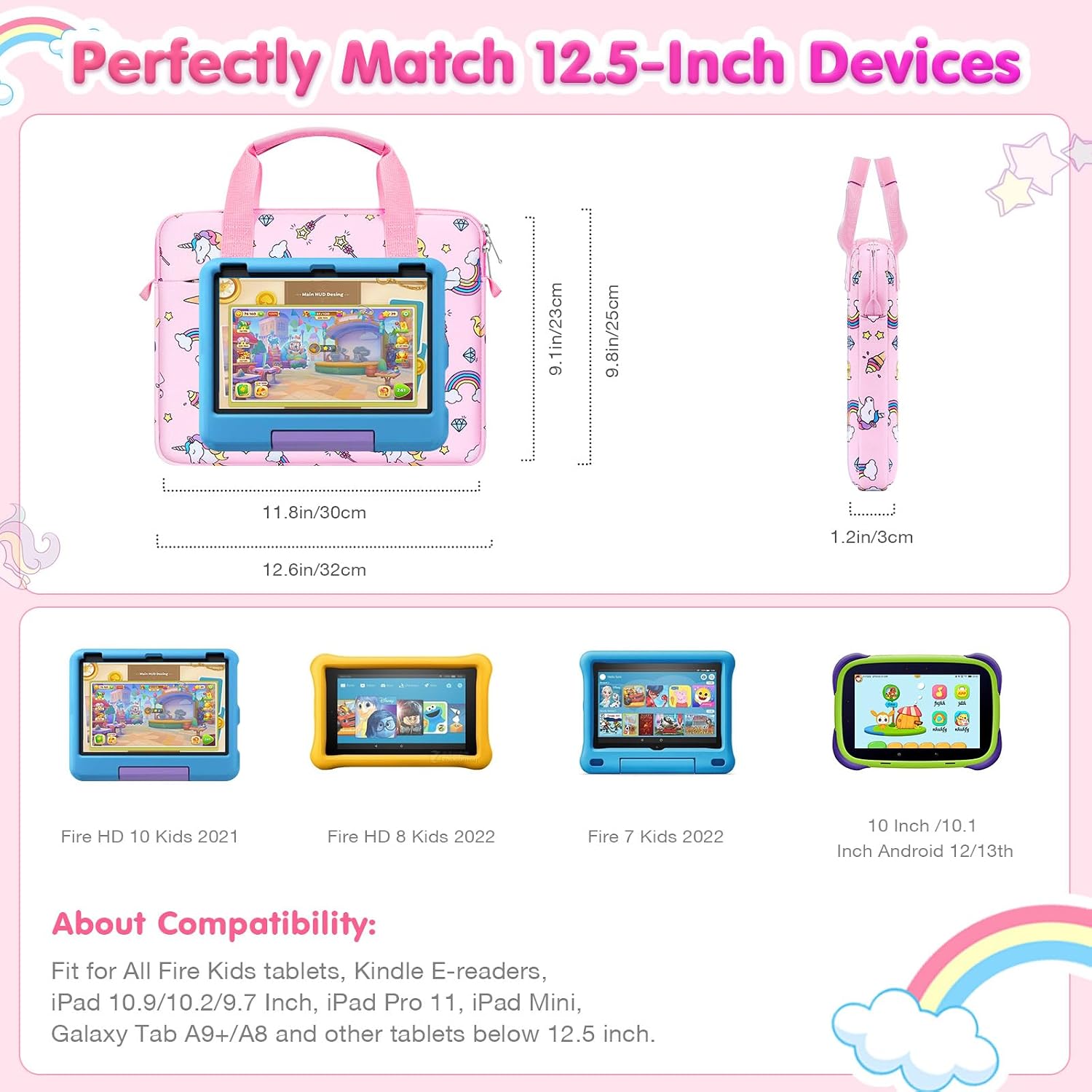 MoKo 10-12.5 Inch Kids Tablet Sleeve Carrying Case for Fire HD 10 13th/11th Gen, Fire HD 8/7 Kids 2022, Tablet Bag with Shoulder Strap for 10/10.1 Inch Android 12/13, Pink Unicorn