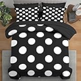 Comforter Set Queen Size, Polka Dot 7 Pcs Bedding for Kids and Adults, Black and White Bed Sheet Sets with Fitted Sheet 2 Pillowcase & 2 Sham for Bedroom Bed Decor