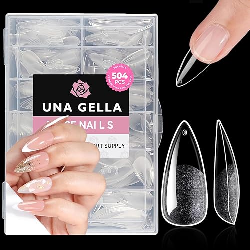Miniatura 32 de UNA GELLA Uñas postizas cortas ovaladas de almendra, 504 unidades, uñas postizas a presión, preformadas, puntas de uñas de gel redondas de almendra