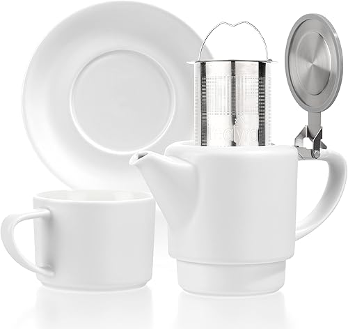 Miniatura 2 de Tealyra - Té T41 para un juego - Tetera pequeña de porcelana blanca de 15 onzas líquidas - Taza de 8.5 onzas líquidas y platillo - Tapa de acero