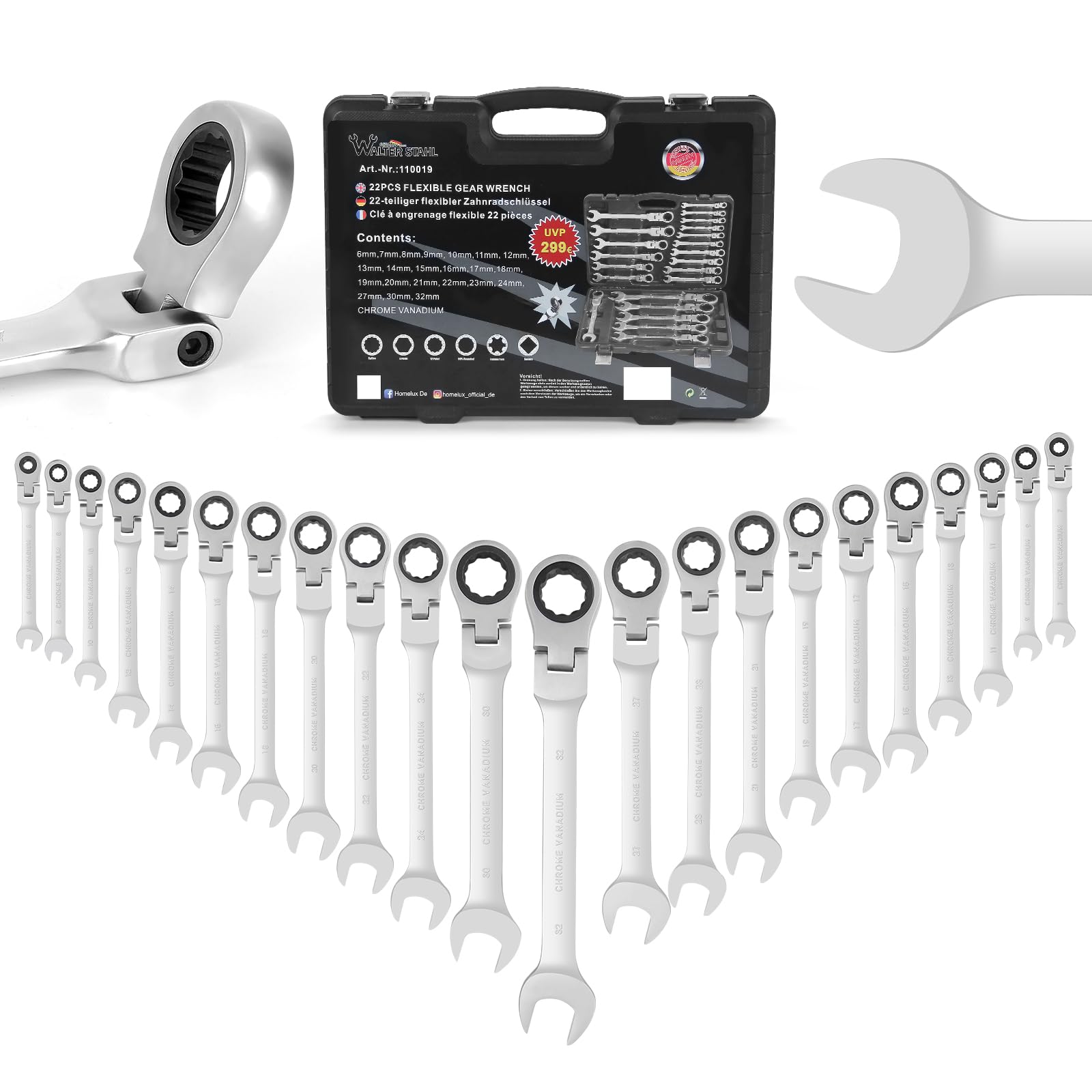 WALTER STAHL 22-tlg. Ratschenschlüsselset, flexible Ringmaulschlüssel | 6–32 mm mit Flexkopf und Ratsche, 72 Zähne, Cr-V-Stahl, für Auto- und Industriewartung