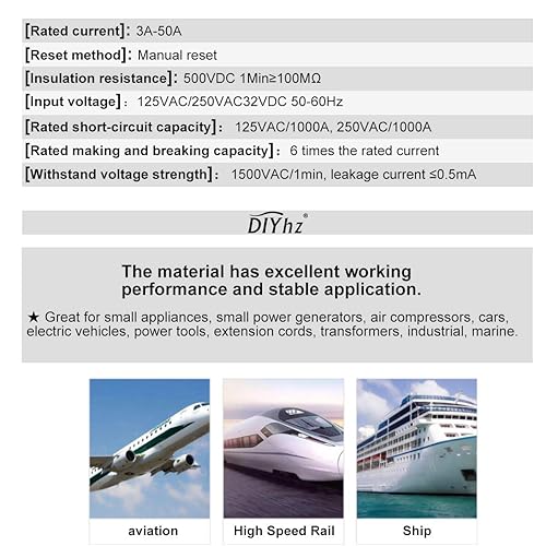 Miniatura 5 de DIYhz Disyuntor térmico, serie 98, 5A, 125250VCA, 32VCC, reinicio de botón con terminales de conexión rápida y cubierta de botón impermeable, cable