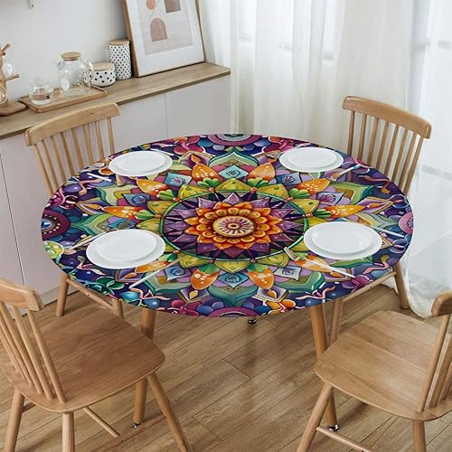 Vista 76 de Pardick Mantel redondo ajustable con diseño de flores de arte en acuarela con mantel elástico, mantel elástico redondo, impermeable, lavable, se