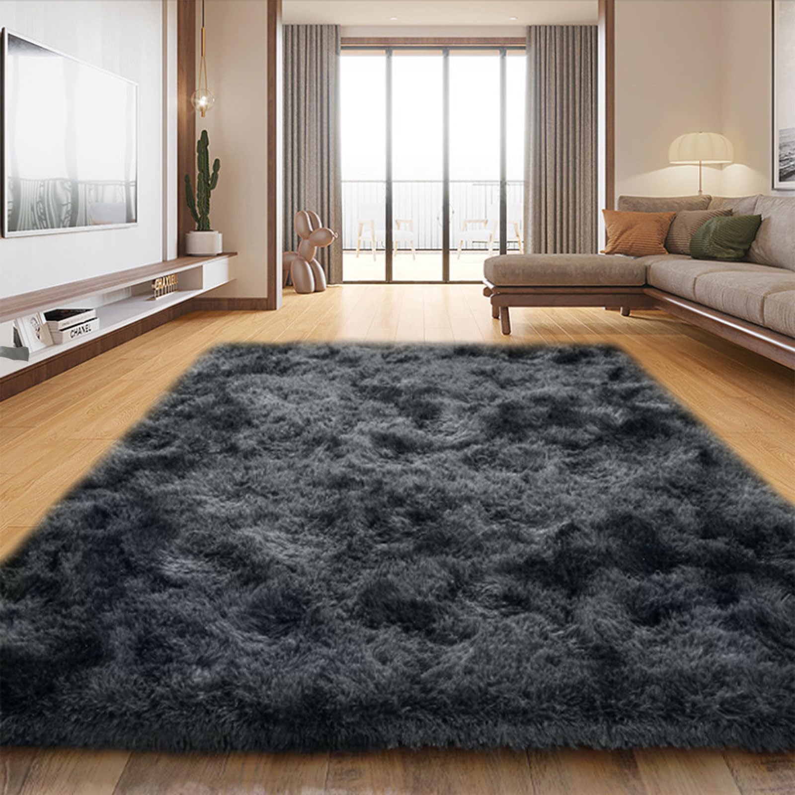Tapis de chambre gris foncé 220 x 260 cm shaggy et grand tapis de salon moderne à poils longs