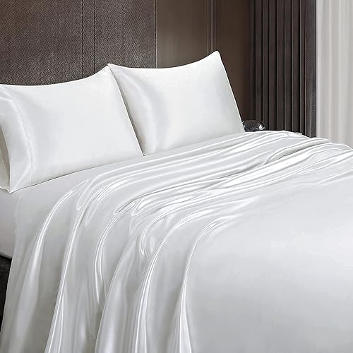 Miniatura 6 de Homiest Sábana encimera de satén blanco solo para cama Queen, sábana encimera sedosa para colchón Queen, sábana plana de lujo y ultra suave, sábanas