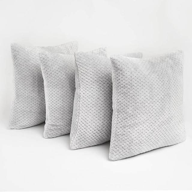 Brentfords Waffle Fleece Set of 4 x Cushion Covers 45 x 45 cm Plush Scatter Home Decor Pack, 18" x 18" - Silver Grey
