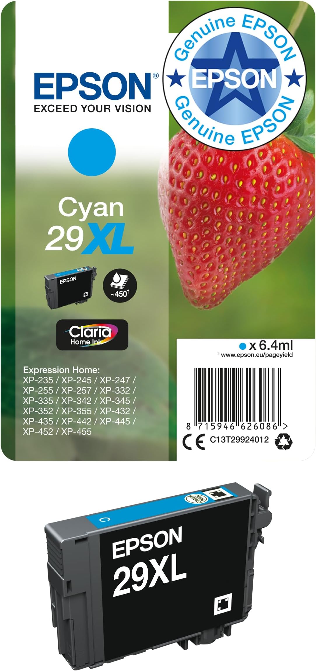 Epson 29XL Cyan Strawberry High Yield Genuine, Claria Home Ink