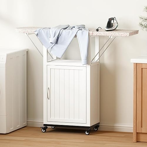 Miniatura 8 de Tabla de planchar con ruedas con armario de almacenamiento, tabla de planchar plegable con ruedas, mesa de manualidades con almacenamiento, estación