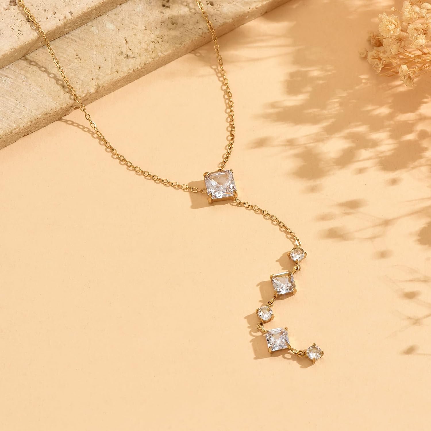 Lariat Necklaces for Women 18K Gold Plated Cubic Zirconia Heart Necklaces Dainty Star Lightning Sun and Moon Necklace Trendy Y Shaped Drop Diamond Necklace