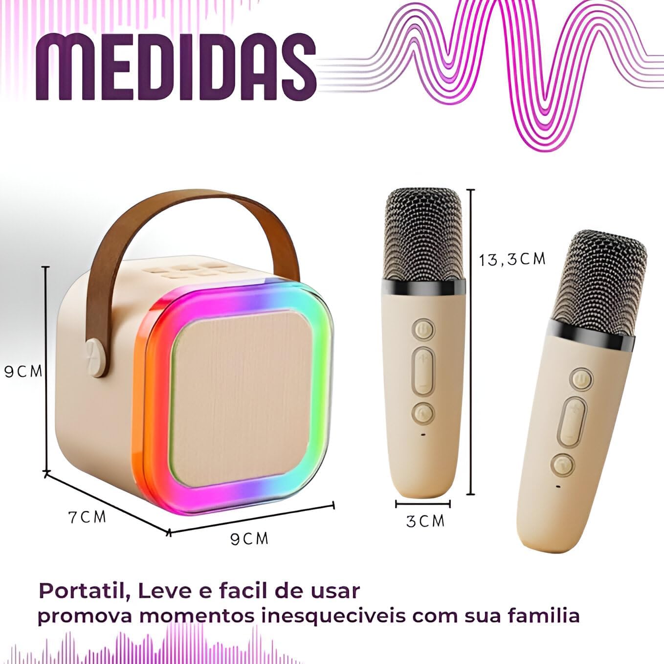 Caixa de Som Karaokê Portátil com 02 Microfones Sem Fio | Testados Previamente | com Luzes LED RGB e Vozes Auto Tune - Envio de Cores Conforme Disponibilidade