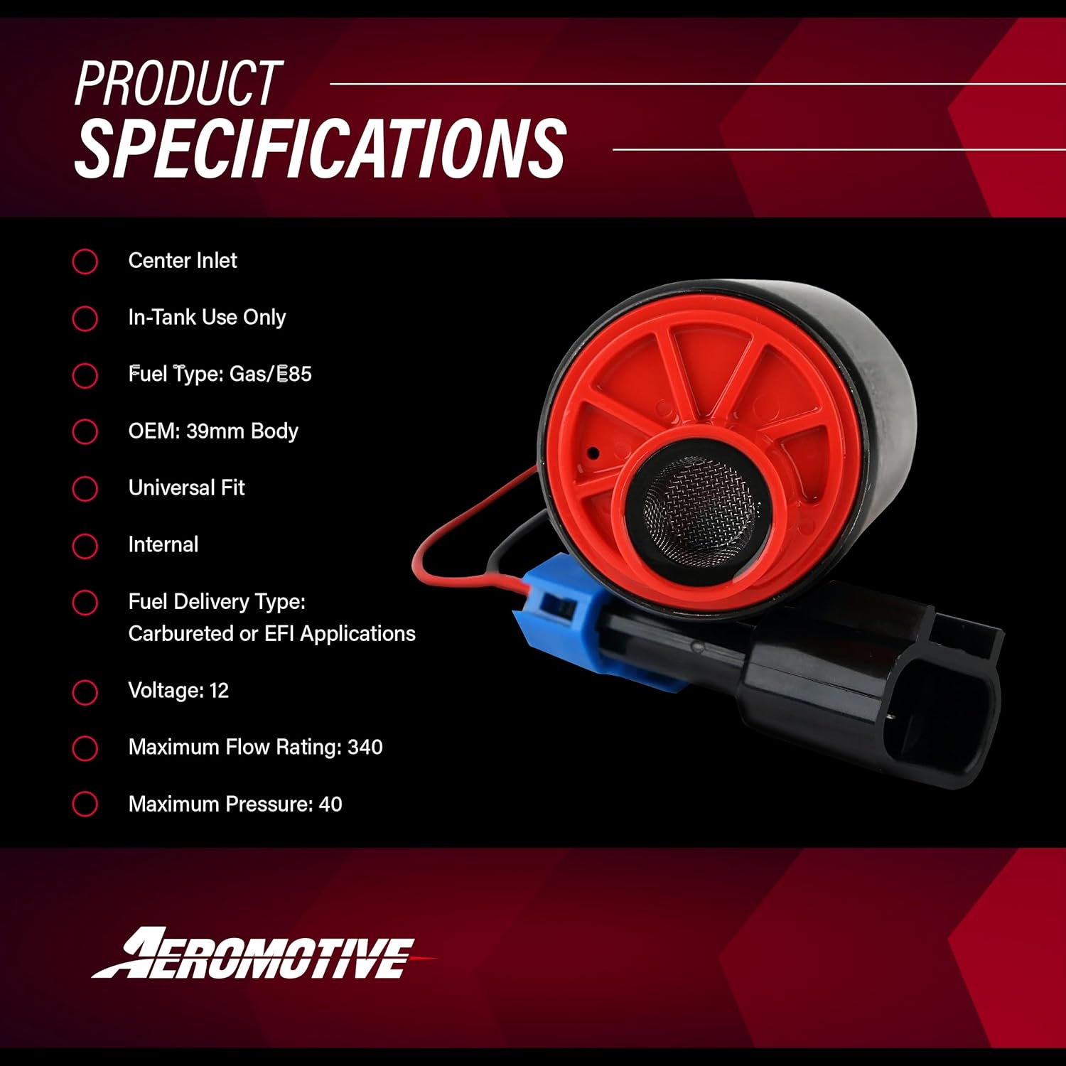 Aeromotive 340 LPH In-Tank Fuel Pump - 12V Electric High-Flow EFI Fuel Pump for Carbureted or EFI Car Engines, Gas & E85 Compatible, GM Style Inlet, OEM 39mm Body - 11569