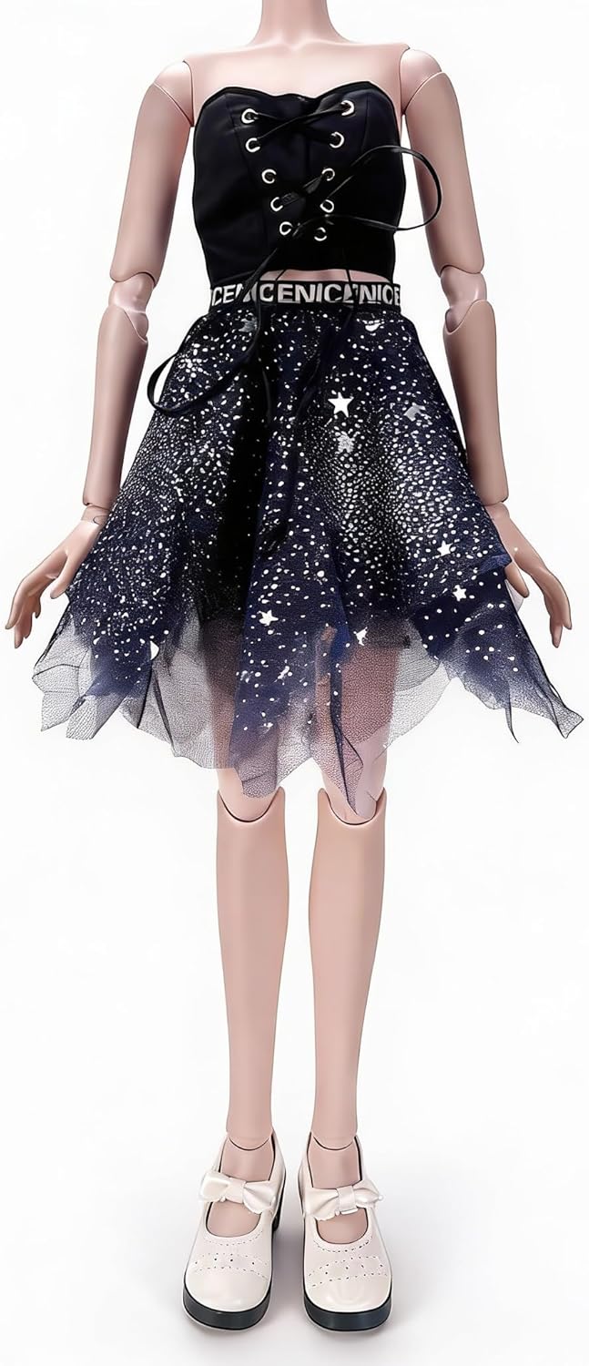 60cm SD BJD Doll Clothes Set - Starry Tulle Skirt, Black Crop Top & White Bow Shoes, 1/3 Doll Outfit Accessories