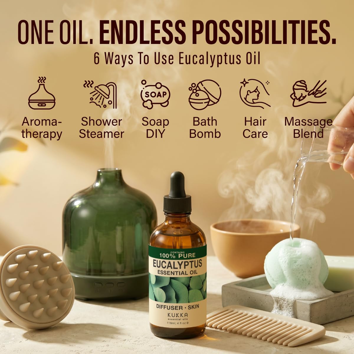 Kukka Huile essentielle d'eucalyptus pour diffuseur, 100% pure et naturelle. Idéale pour la peau, humidificateur, sinus, aromathérapie, cheveux, fabrication de savon, DIY (118 ml)