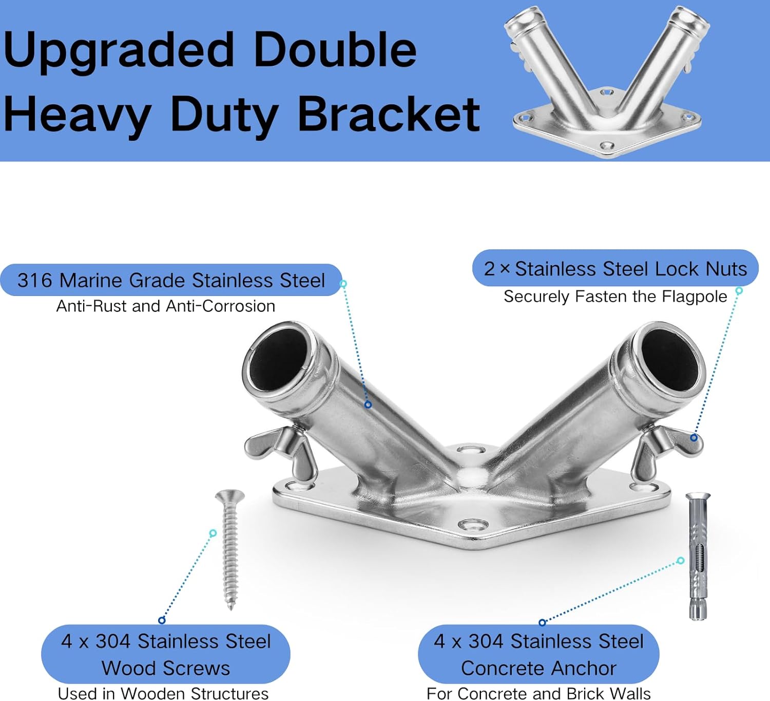 Flag Holder, 316 Stainless Steel v Flag Pole Bracket, Heavy Duty Double Flag Pole Mount for House, Yard, Porch(1 inch)