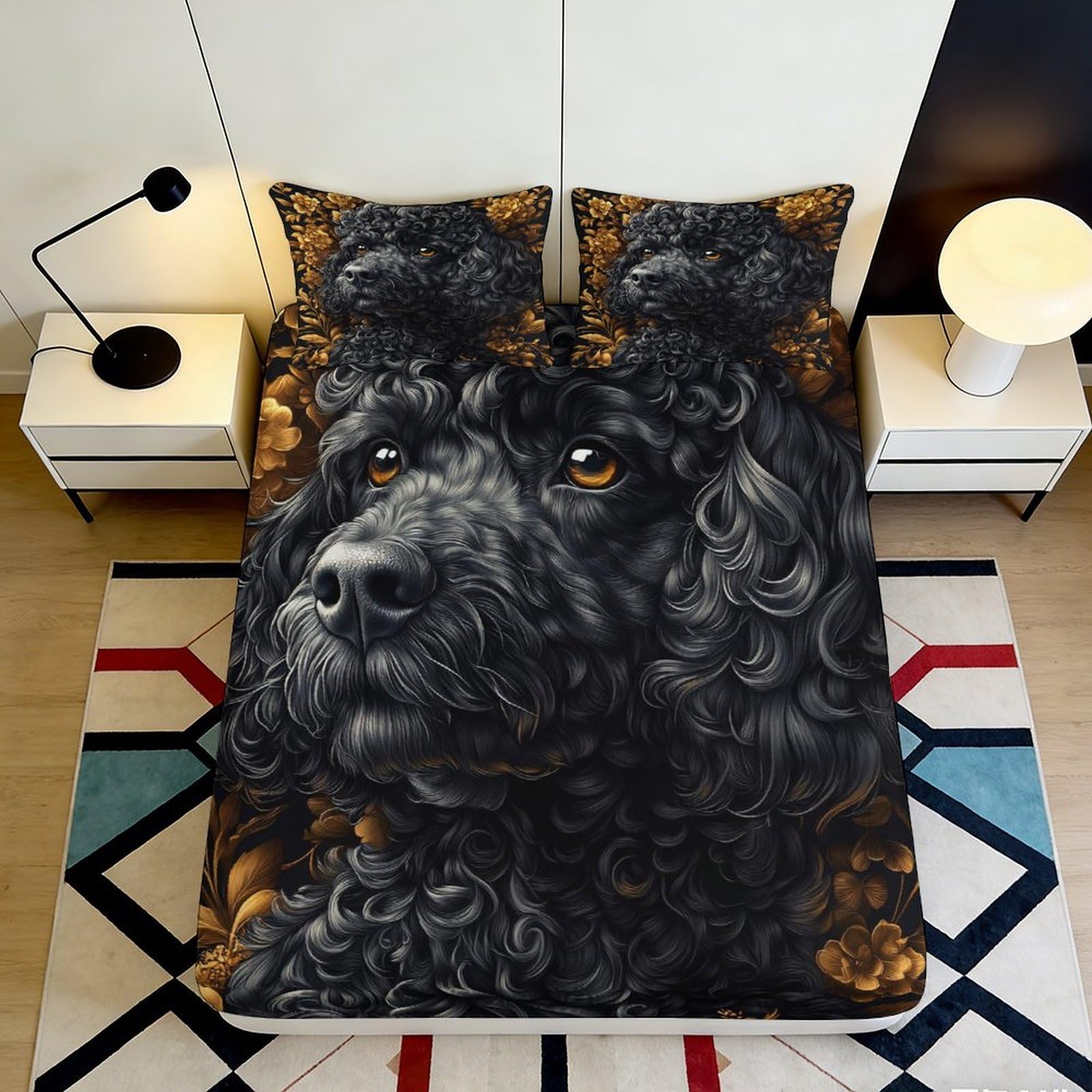 3D Printed Black Poodle Fitted Sheet Microfiber Soft Animal Flower Print Mattress Cover for Bedroom Guest Room Decor 90x200x25cm