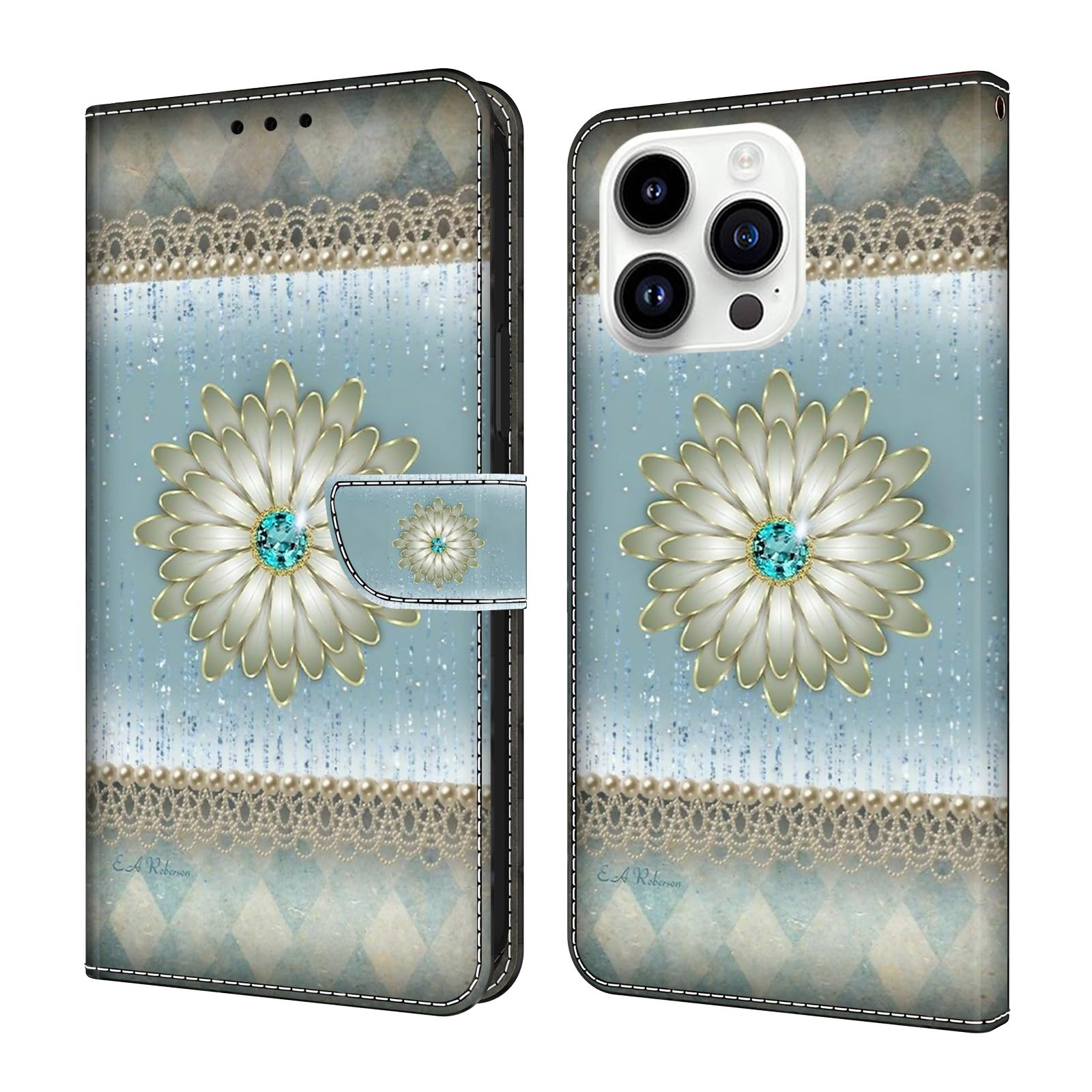 Étui portefeuille iPhone 17 bleu diamant fleur pour un usage quotidien chic