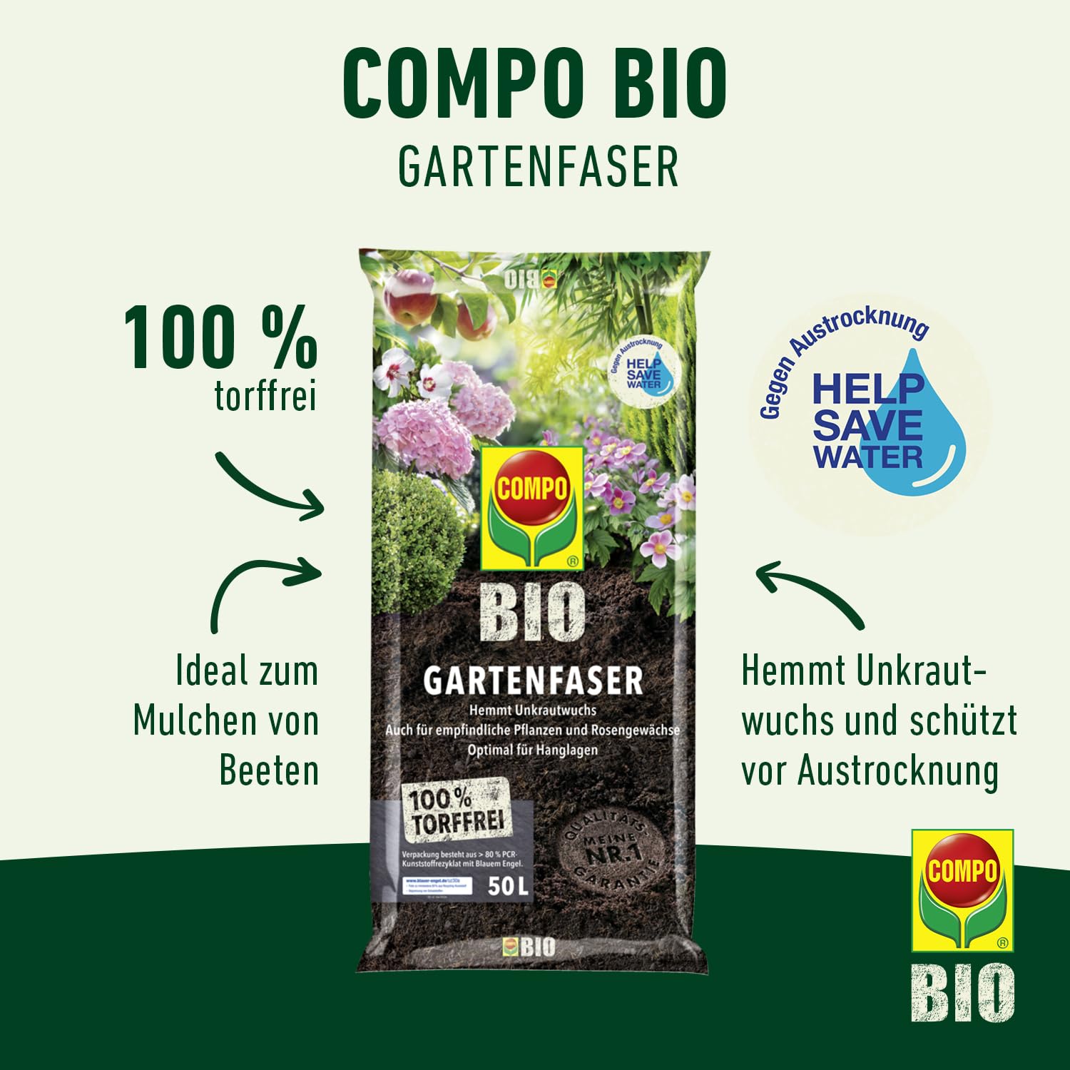COMPO Organic Garden Fibre, Peat-Free  for Mulching Beds as well as for  Soil Improvement, Inhibits Weed Growth and Keeps the Soil Moist 50 Litres :  ...