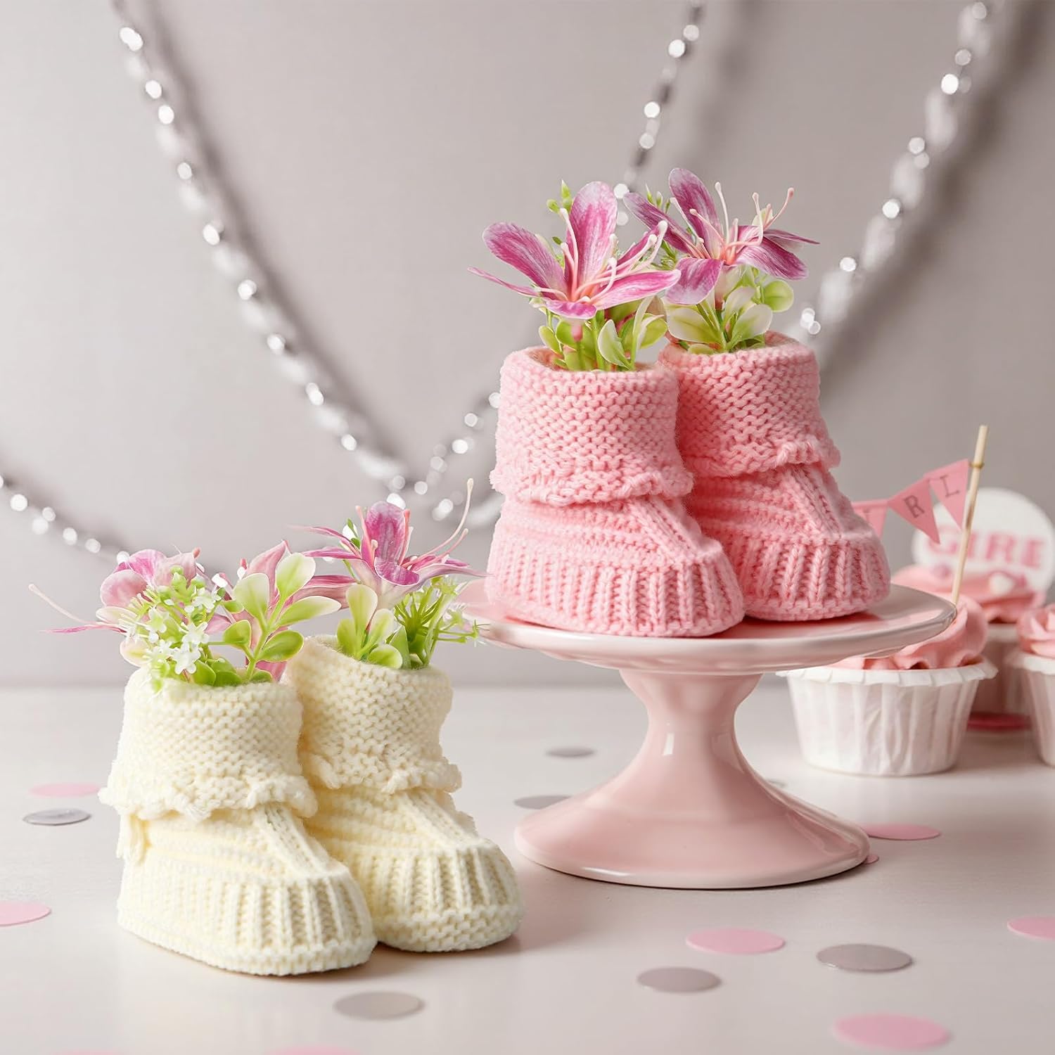 Chicingyou 3 Set Baby Shower Table Decorations Crochet Knitted Baby Booties Bulk with Dried Pampas Grass Bouquet Boho Table Centerpieces Gender Reveal Party Decor