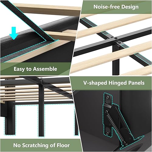 Miniatura 5 de Base de cama flotante, marco de cama King con cabecera de almacenamiento, marco de cama de plataforma King con luces LED y estación de carga, sin
