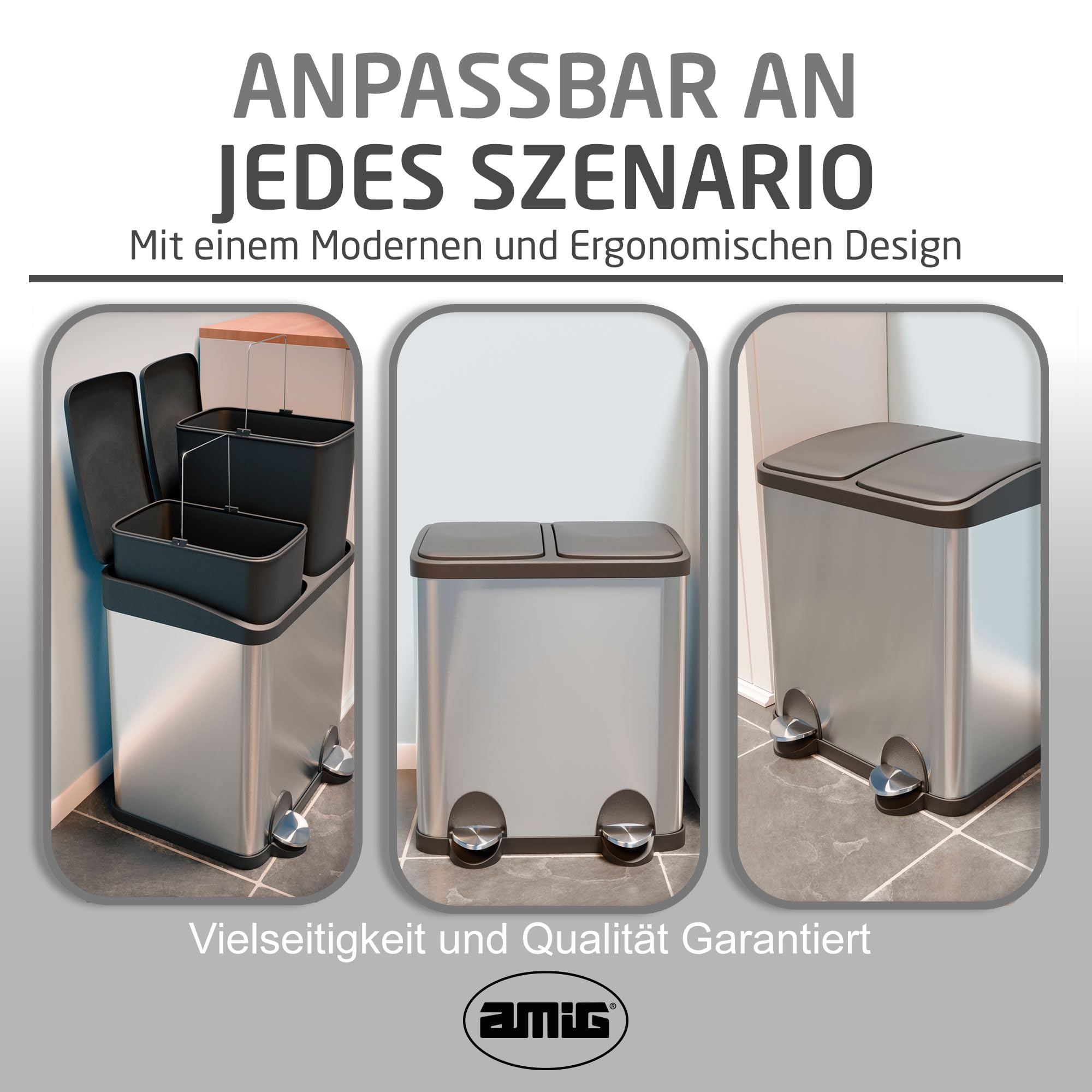 Amig - Doppelter Abfalleimer Recycling Mod. RECIK2-2 x 15L - 30 Liter - Mit 2 Fächern und Öffnung mit Pedal - 48x32x40 cm - Fassungsvermögen 15 l pro Behälter - Hermetischer Deckel - Edelstahl