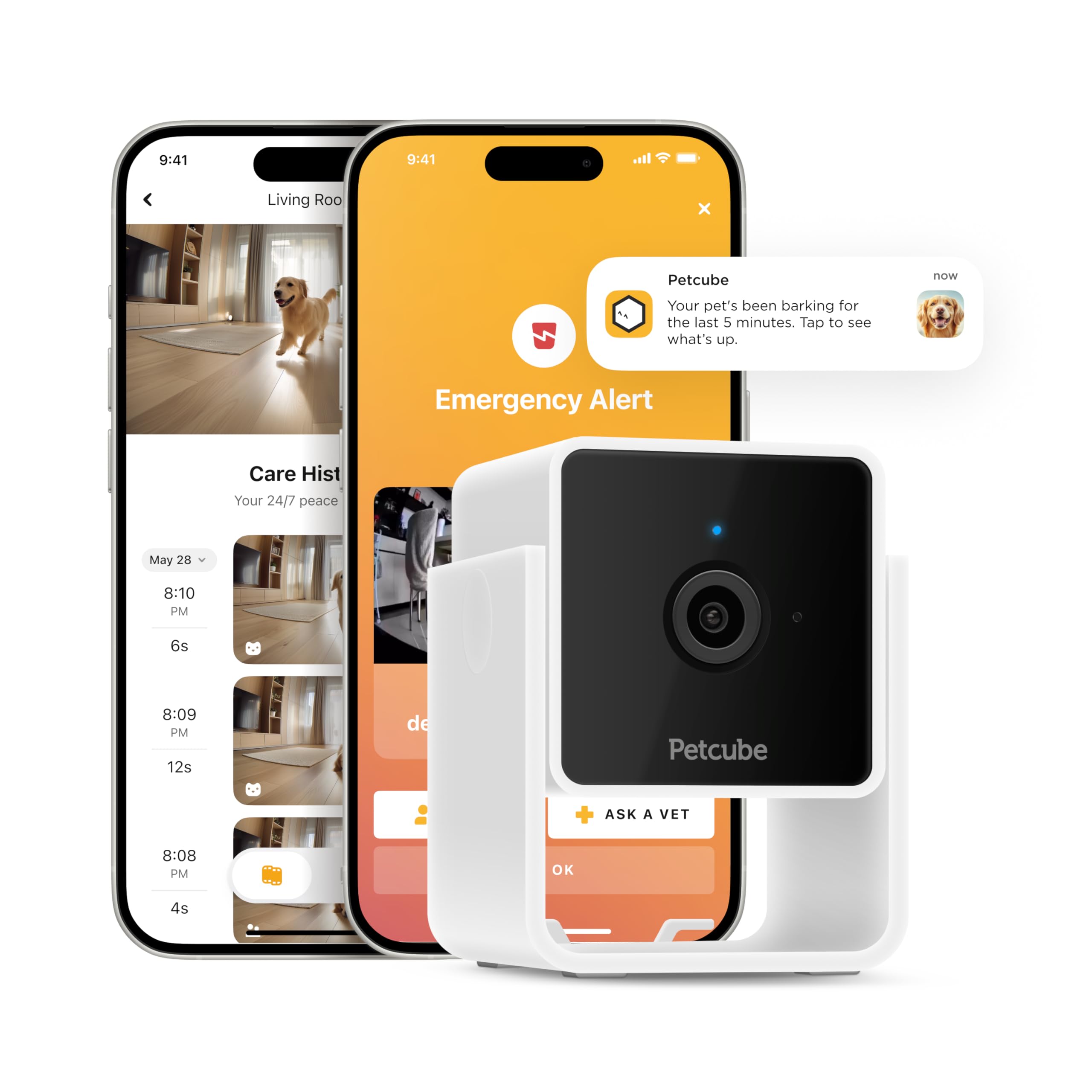 Petcube Cam - Telecamera di sicurezza Wi-Fi per animali domestici con app per telefono, monitor per animali domestici con audio e video a 2 vie, visione notturna, video HD 1080p e avvisi intelligenti