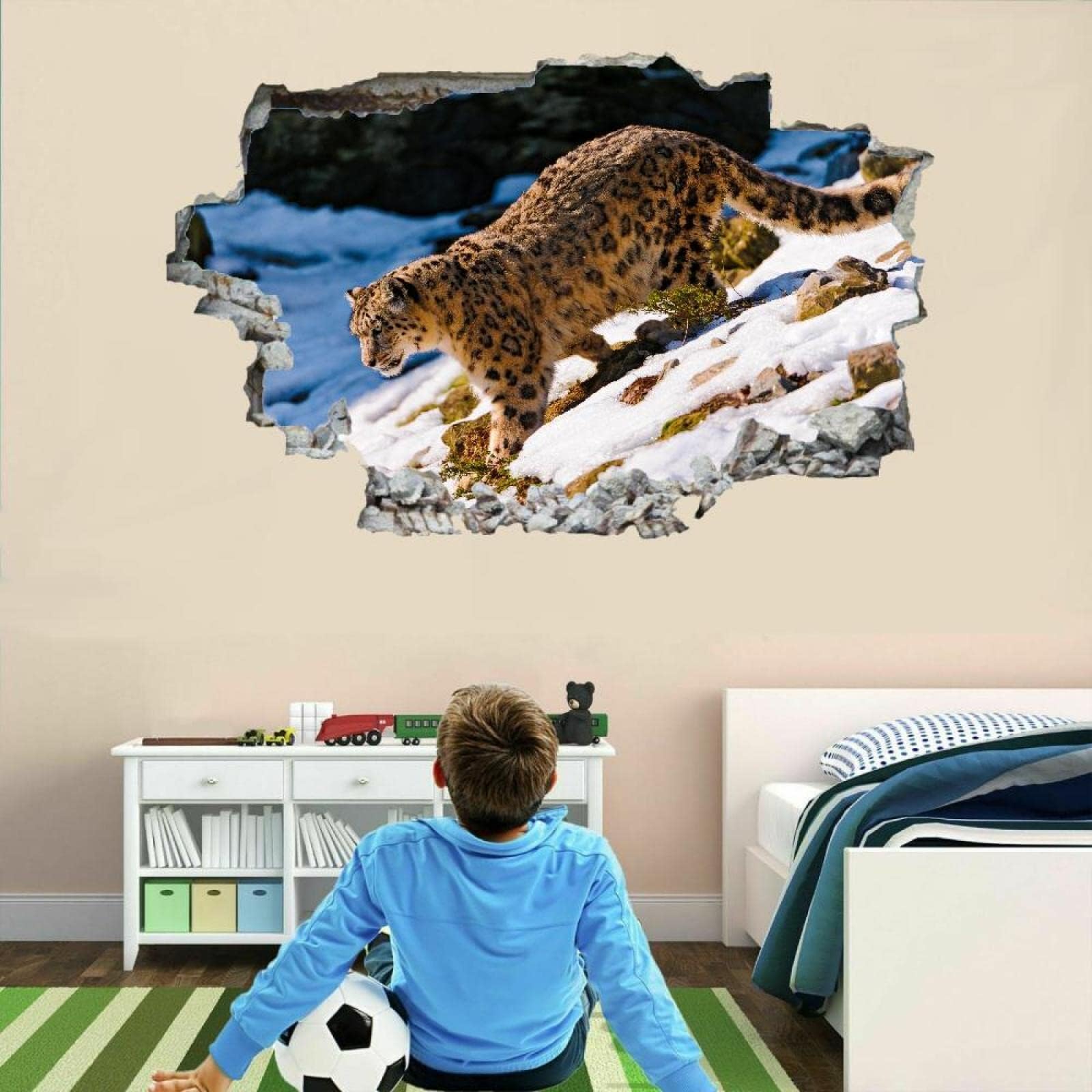 Animal 3D Wall Decor Stickers Smashed Leopard Wall Sticker Snow Wall Tattoo for Nursery Wall Décor Girls Kids Baby Bedroom Bathroom Living Room Home Decor 30"W x 20"H