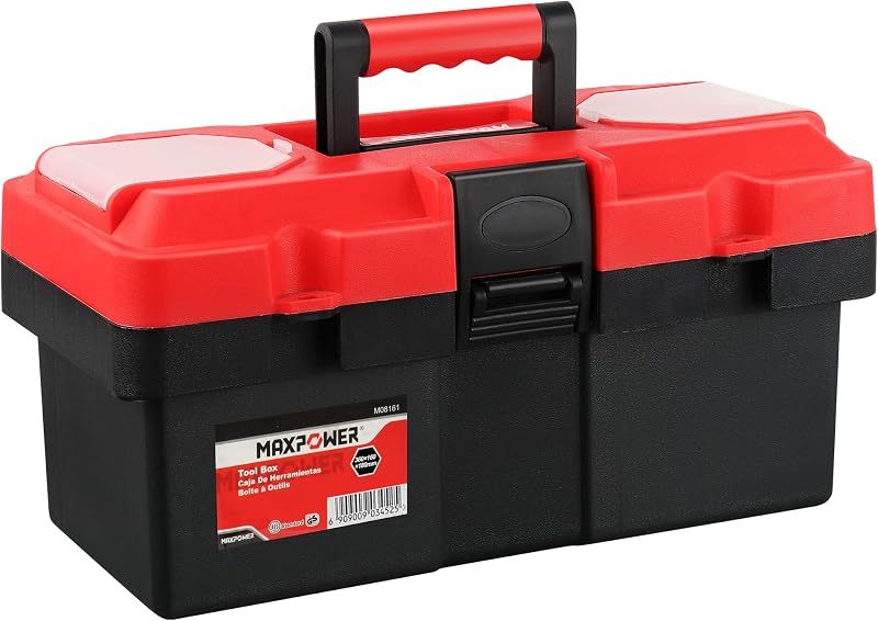 Small Tool Box, 14-inch Plastic Tool Boxes with Handle | Removable Tray with Dual Lock Secured, Red Toolbox for Home