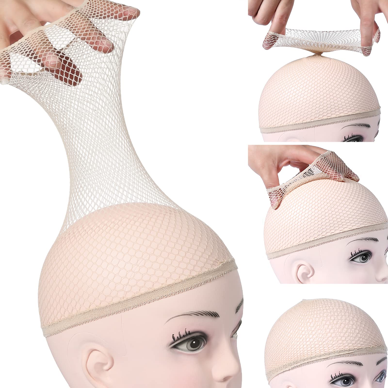 LUNROUG 20 Sock Caps For Wigs,Hair Net for Wig, Fishnet Wig Cap for Women, Wig Cap for Long Thick Hair, 20 Pack (beigebeige)