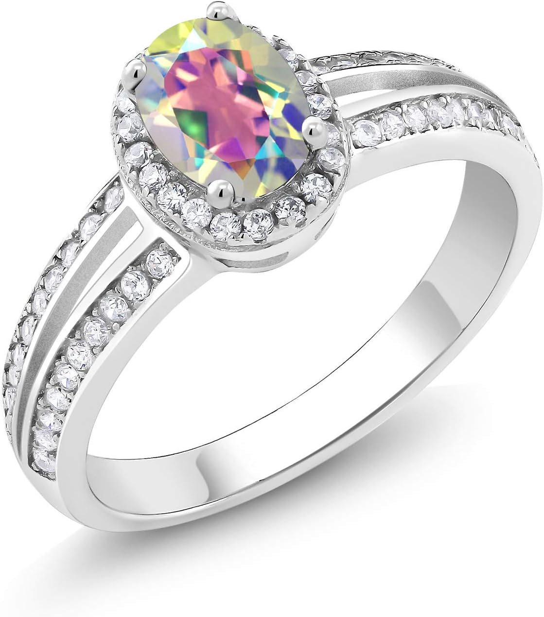 Gem Stone King 925 Sterling Silver Mercury Mist Mystic Topaz Engagement Ring For Women | 1.60 Cttw | Oval 7X5MM | Gemstone November Birthstone