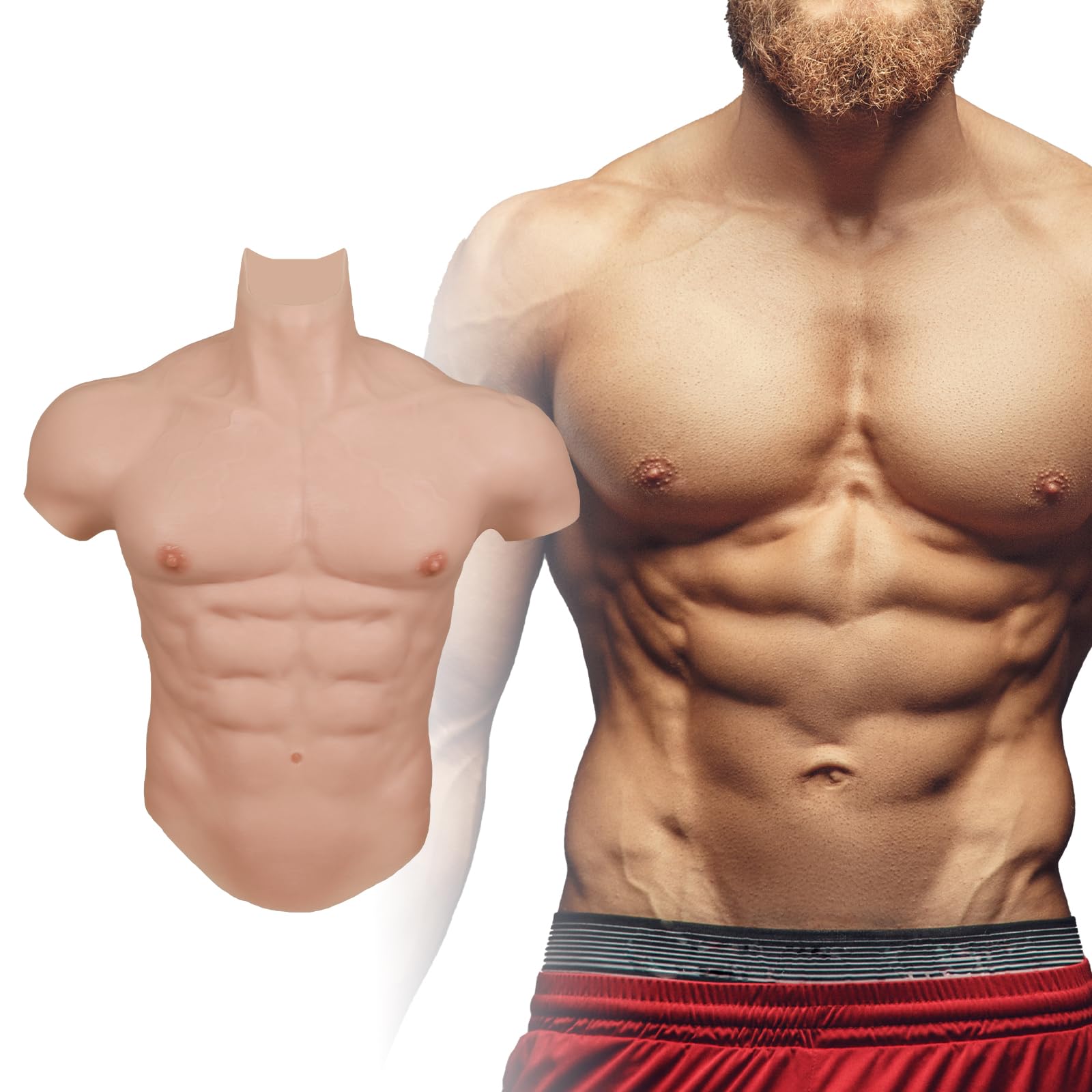 MinakySilicone Muscle Suit Realistic Male Chest Plate High Collar for Cosplay Halloween Transgender, Suitable for European Body Shape (Plus size Version)