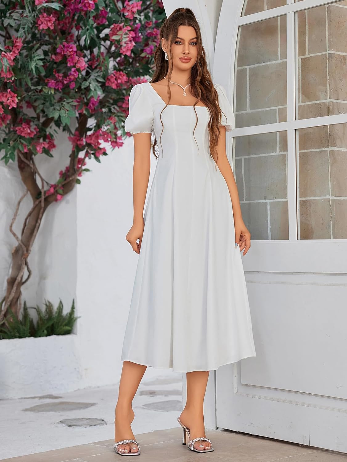 Women 2024 Summer Square Neck Puff Sleeve Smocked Midi Dress Flowy A Line Ruffle Casual Dresses - Image 2