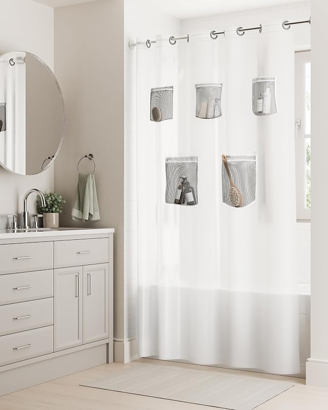 Cortina de ducha impermeable 3 en 1 sin gancho Frosty con 5 bolsillos de almacenamiento, cortina instantánea PEVA de peso pesado de 8 g para baño con anillos antiherrumbre incorporados grises, 71" x 74", Frosty