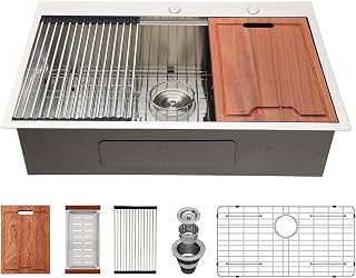 Lordear 33 Inch Drop in Workstation Kitchen Sink 33 x22 Inch Single Bowl Topmount 16 Gauge Stainless Steel 10'' Deep Handmade Kitchen Sink with Cutting Board