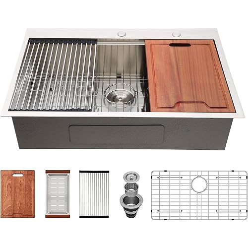 Lordear Kitchen Sink Drop In 28x22 Topmount 16 Gauge Stainless Steel Single Bowl Ledge Workstation Kitchen Sink Basin