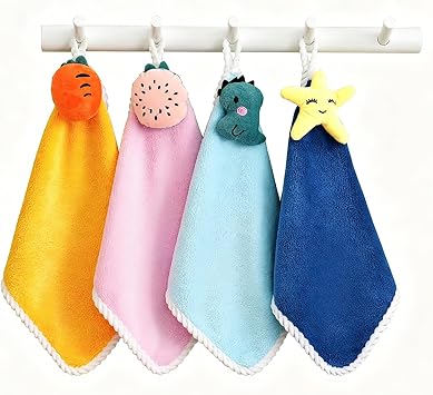 Small Hand Towel for Kitchen & Bathroom, 4 Pack Super Soft Hand Drying Towels with Hanging Loops, Cute Cartoon Quick Dry Hand Towels for Kids Adults, Highly Absorbent Coral Fleece Tea Towels
