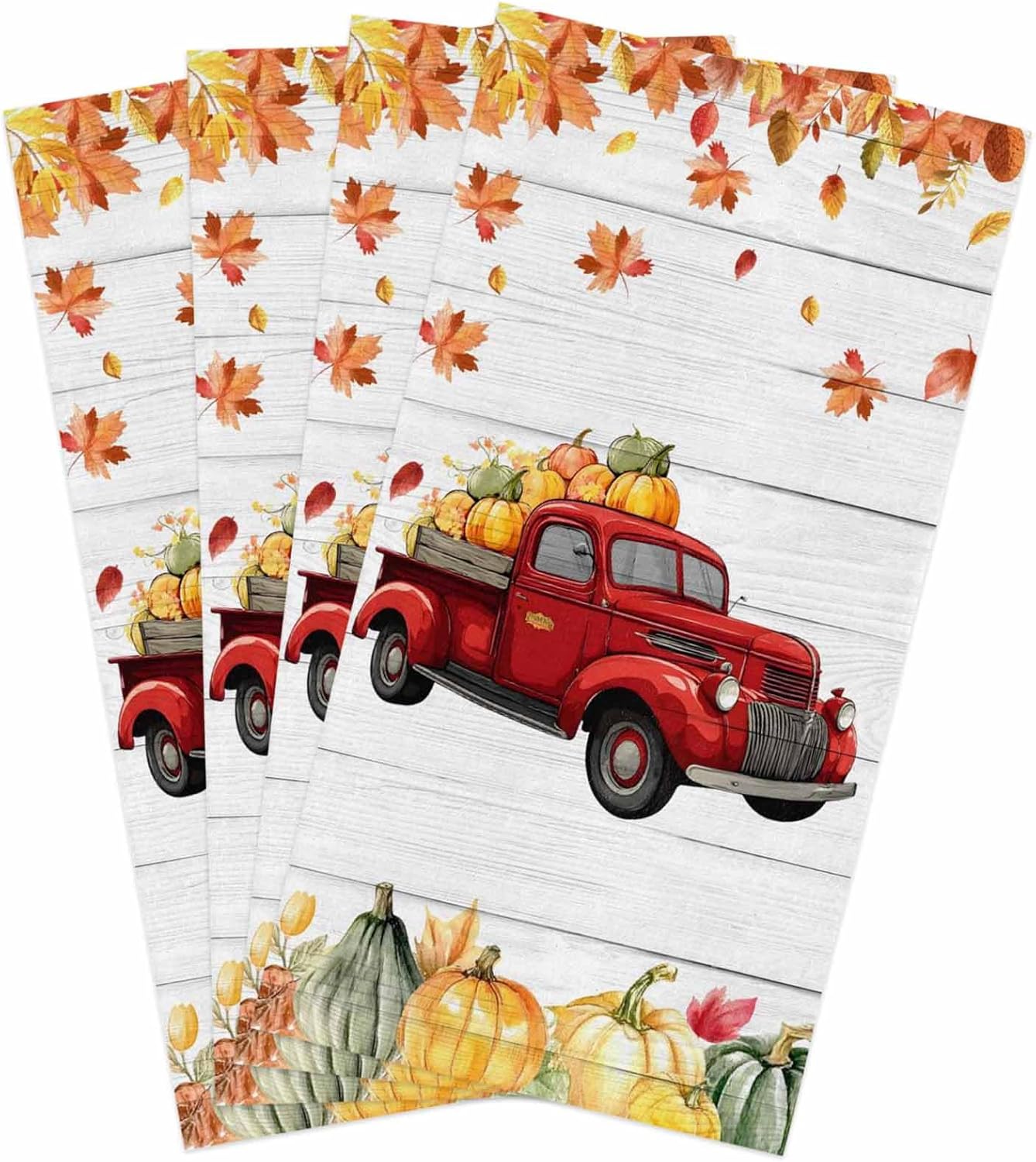 Chucoco Dish Towels for Kitchen, Hand Towel Cleaning Cloths Farmhouse Autumn Red Truck Pumpkins Absorbent Fast Drying Dish Rags, Fall Maple Leaf Wood Grain Bathroom Cloth Set of 4 with Hanging Loop
