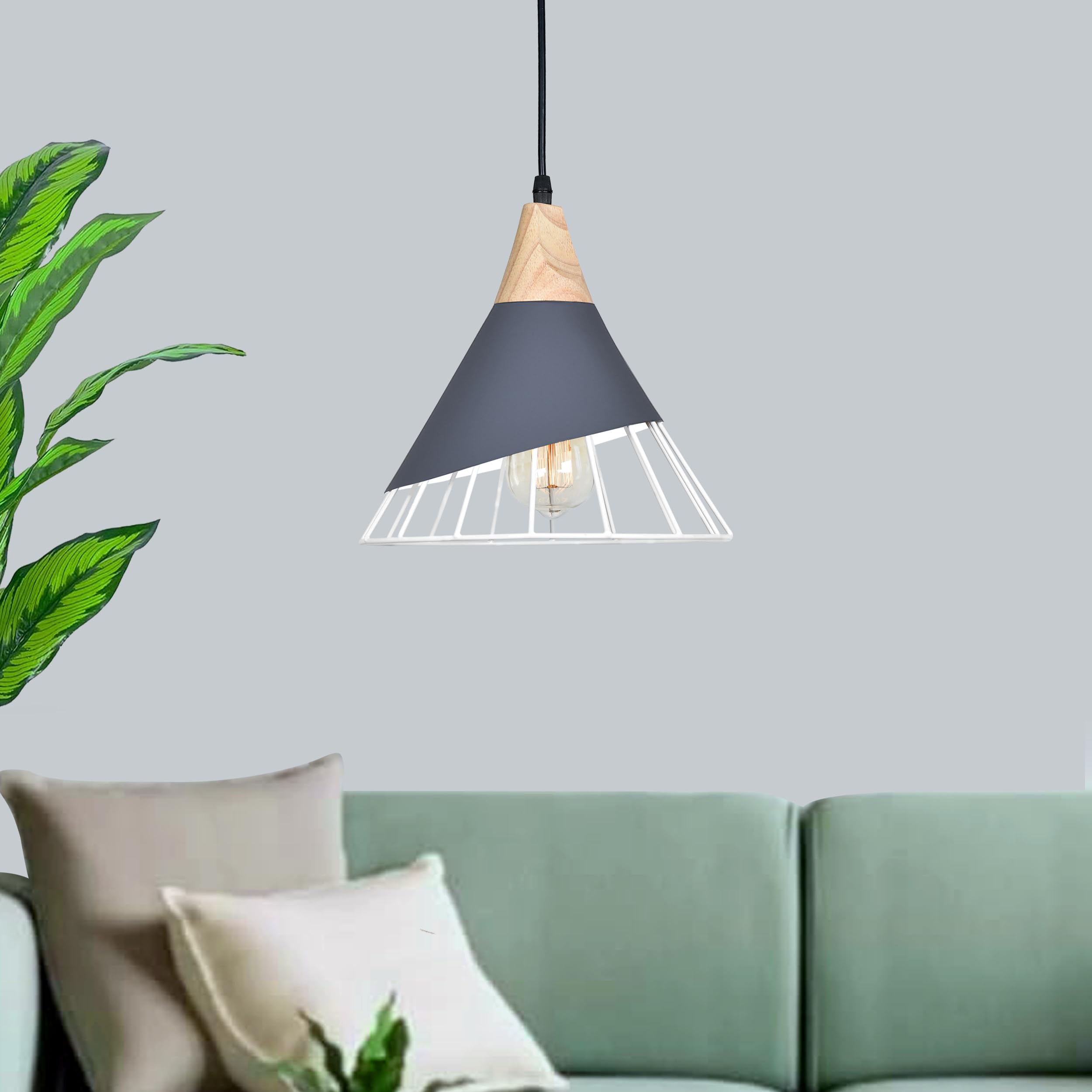 Homesake Nordic Modern Conical Metal Cage Pendant Light – Stylish E27 Flush Mount Chandelier for Kitchen, Dining Room, Living Room, Restaurant & Study – Gray Wooden Ceiling Drop Fixture(Metal)-image-37