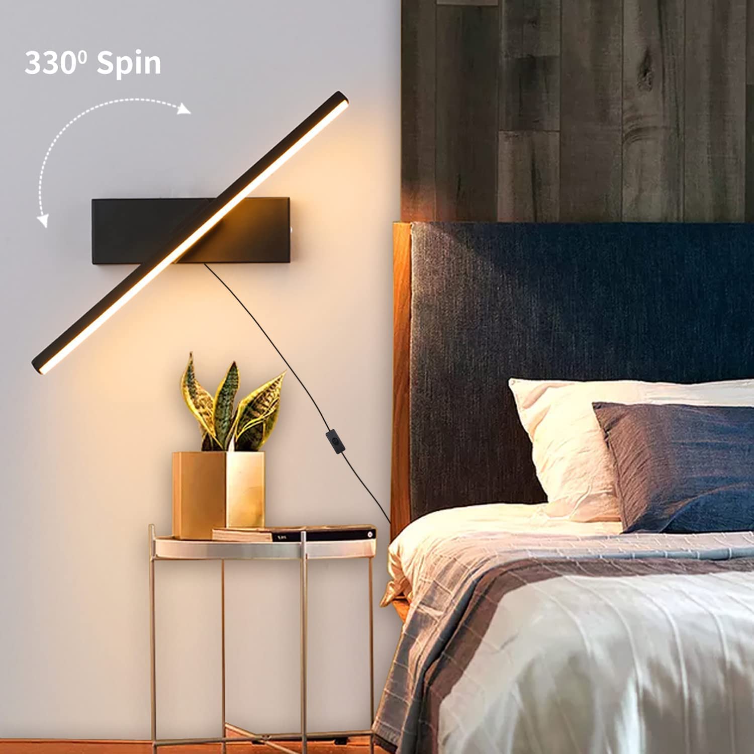 Aplique pared interior regulable 3000k-6500k, luz espejo baño con enchufe, lámpara pared giratoria 330° para estudio o dormitorio junto a la cama (Negro)