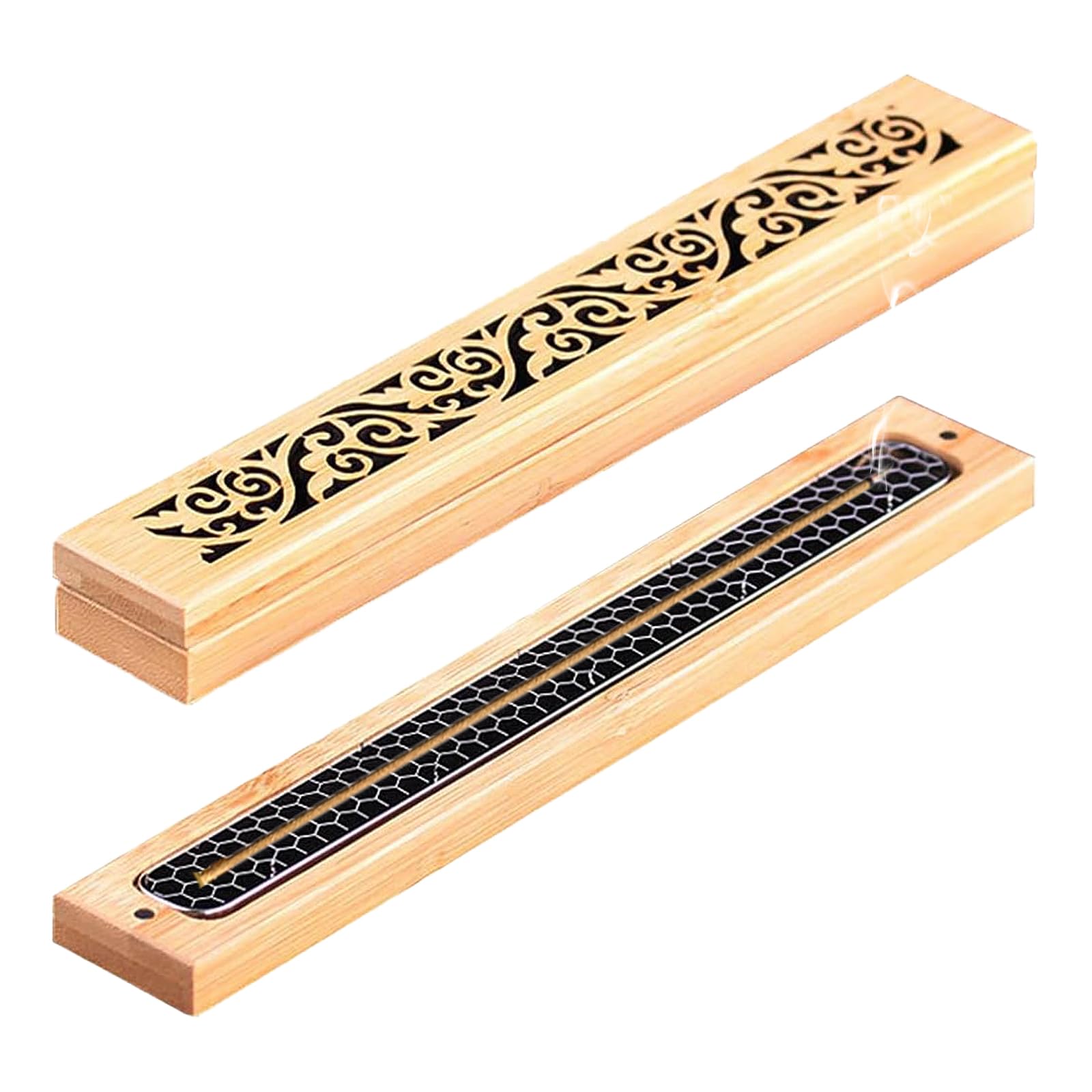 Aquafix Horizontal Incense Holder Incense Stick Dish, Wood Lid, Stainless Steel Net, Tea Ceremony, Bamboo Craft, Openwork Carving, Japanese Style, Safe, Fireproof, For Meditation, Sleeping, Spa, Yoga 