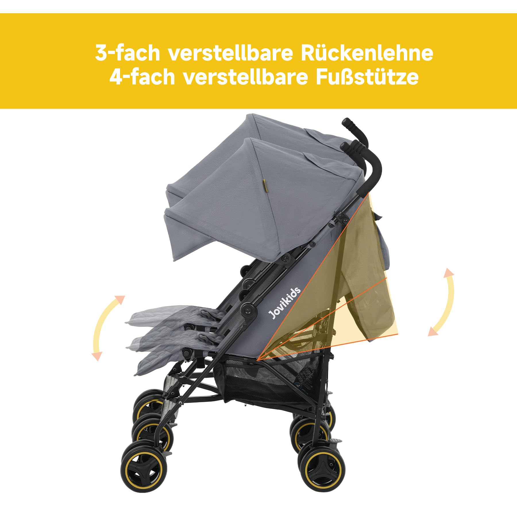 Jovikids Geschwisterwagen, Zwillingskinderwagen mit Liegefunktion, Klappbar Reisebuggy Inkl. Sonnenverdeck, Regenverdeck und Getränkehalter