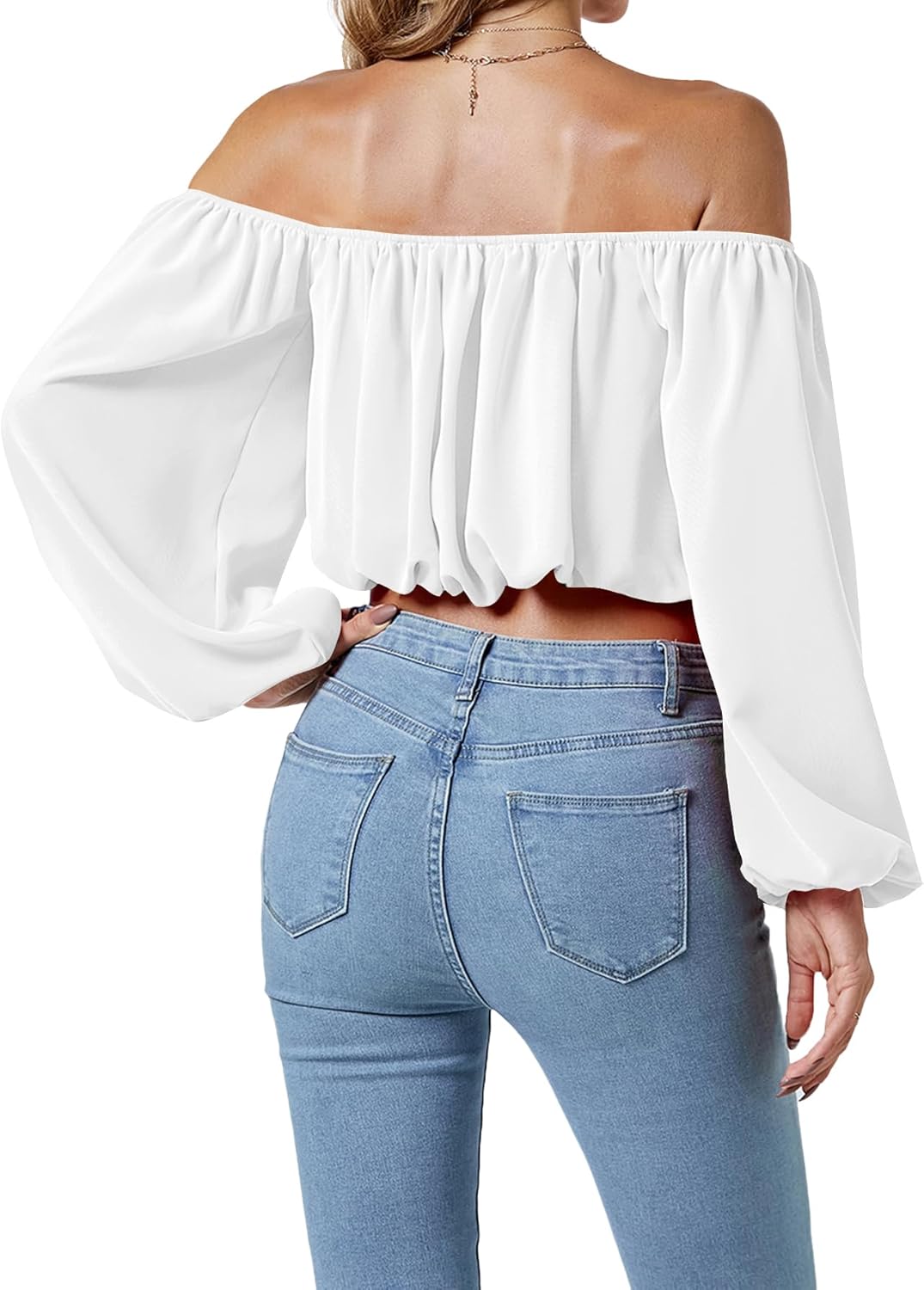 Umenlele Women’s Casual Off Shoulder Ruched Lantern Long Sleeve Crop Top Blouse Shirt - Image 2