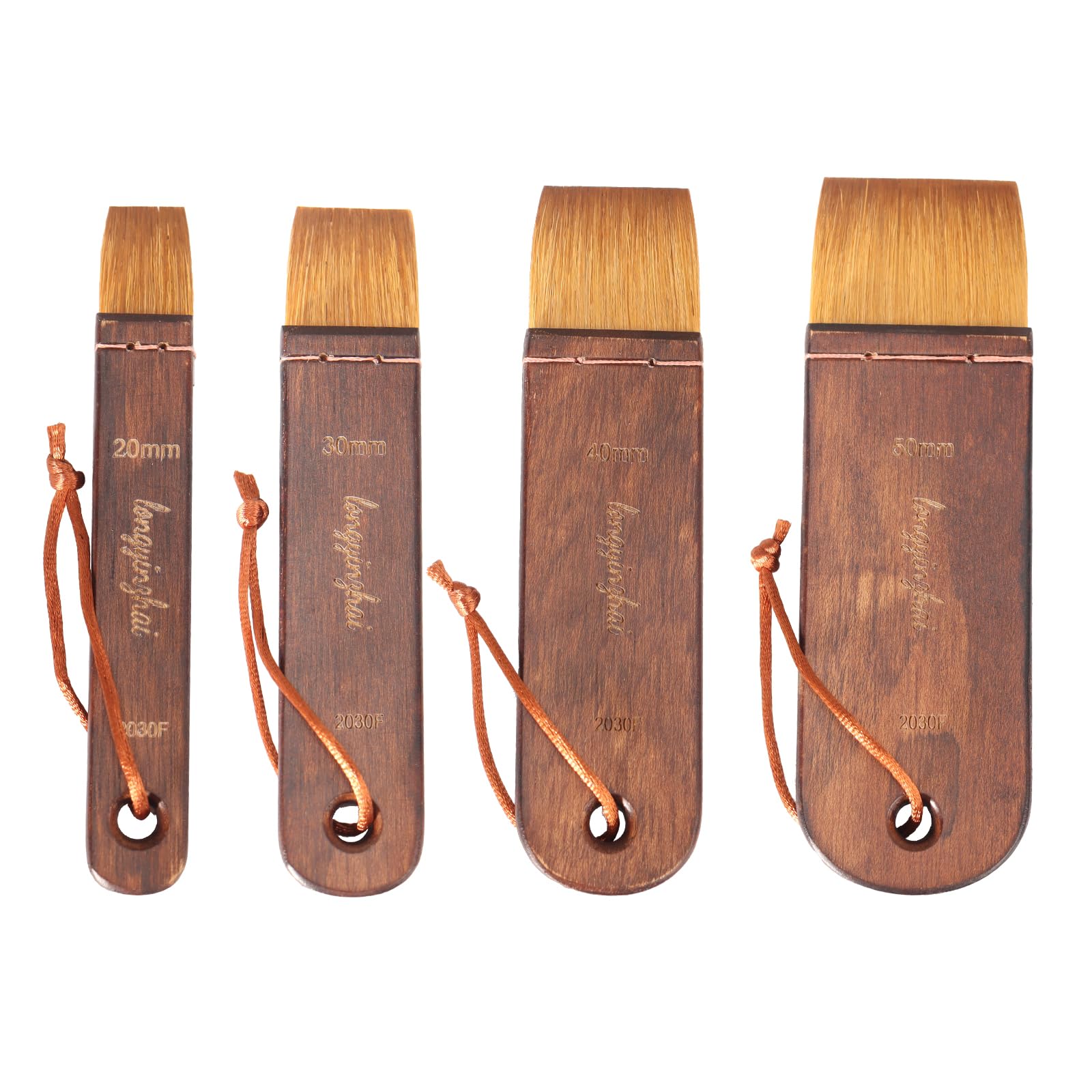 4-teiliges Hake-Pinsel-Set (Größen 20, 30, 40, 50) – Wollmischung, Aquarell-Waschpinsel – gebeizte Birke mit kurzem Griff