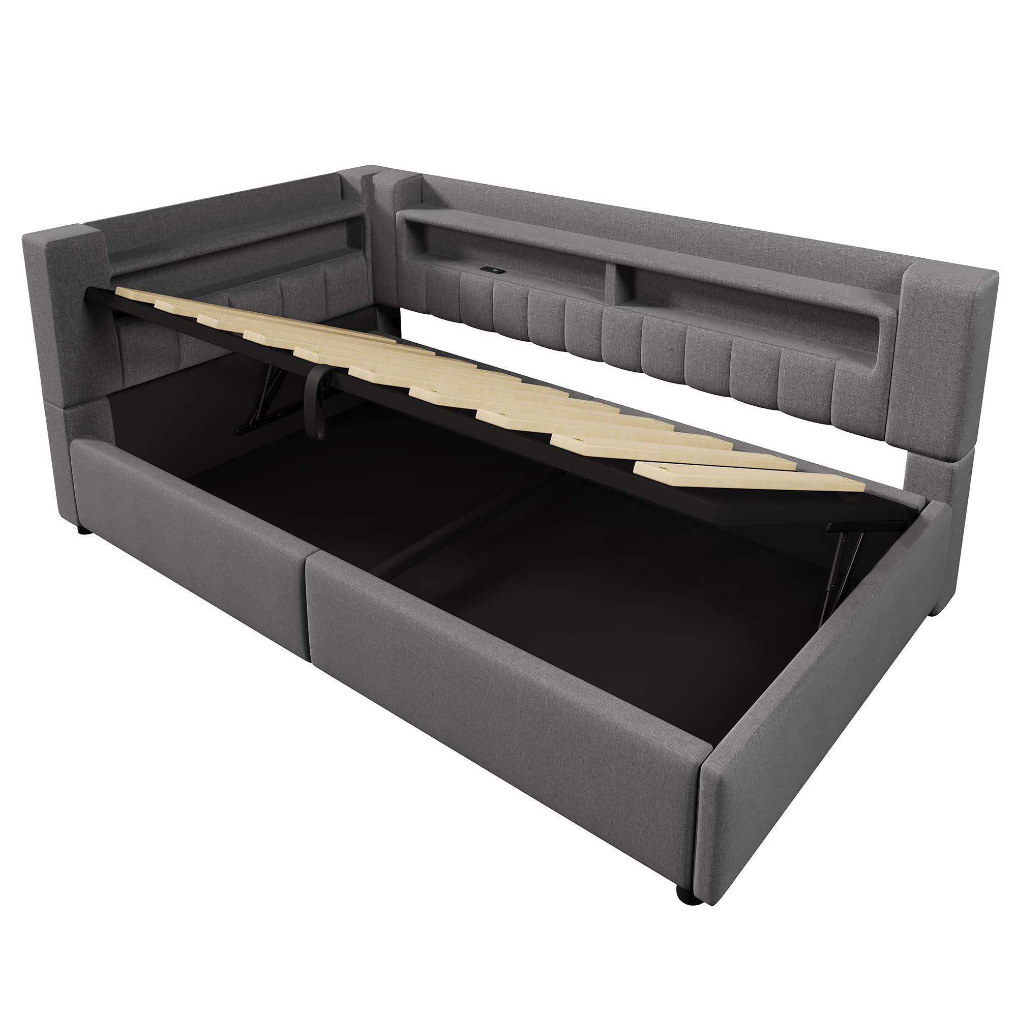 Daybett, 90 x 200 cm,Hydraulische Lagerungt, Mit USB Typ-C Ladefunktion, LED-Beleuchtung, Sofabett, Einzelbett, Ohne Matratze, Leinen, minimalistischer Stil,Grau