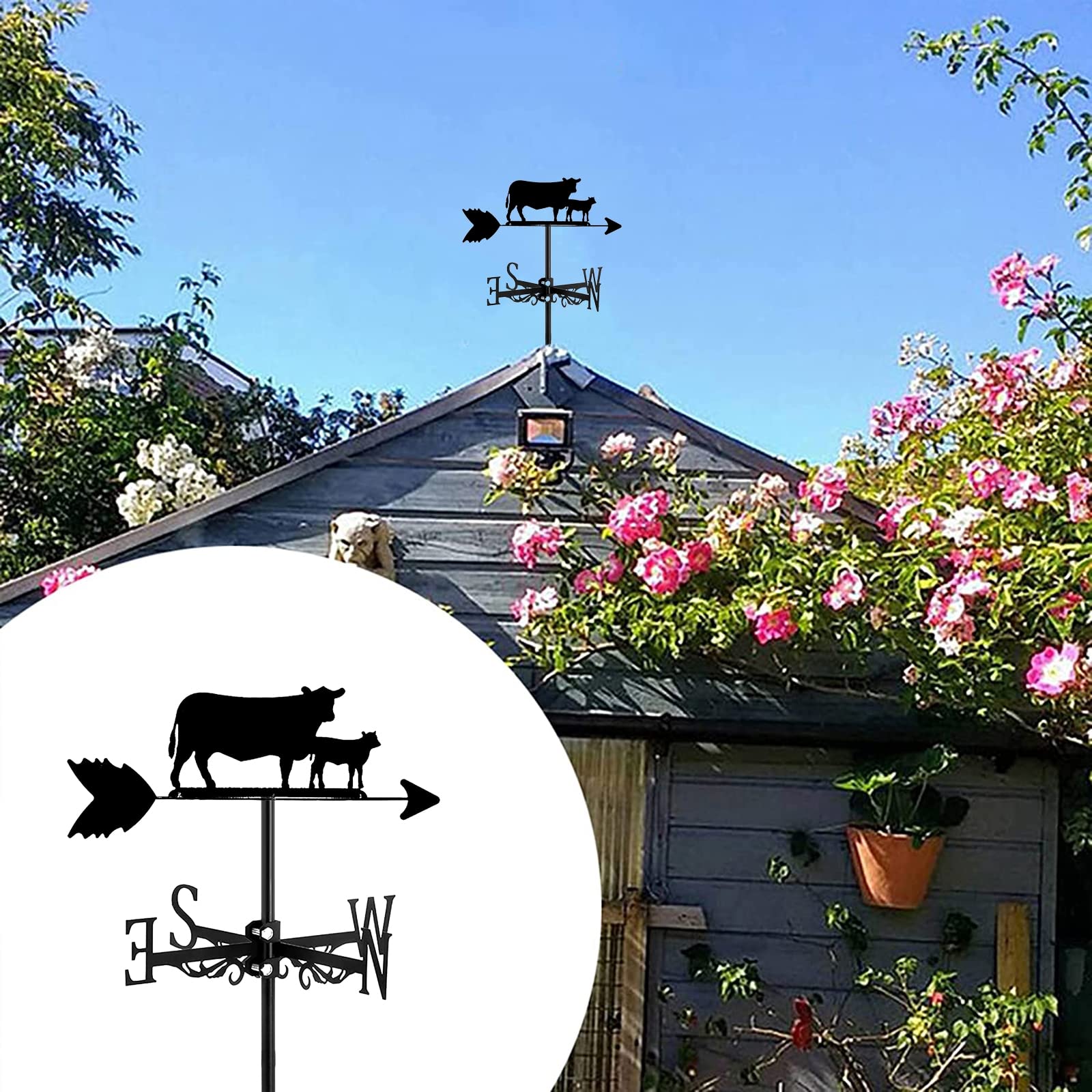 Mercu Wetterfahne Wetterhahn Kuh Kalb Motiv Deko-Wetterfahne Im Hohl Geschnitztes Rostfreier Windrichtungsanzeiger Garten Hof Dach Ornament
